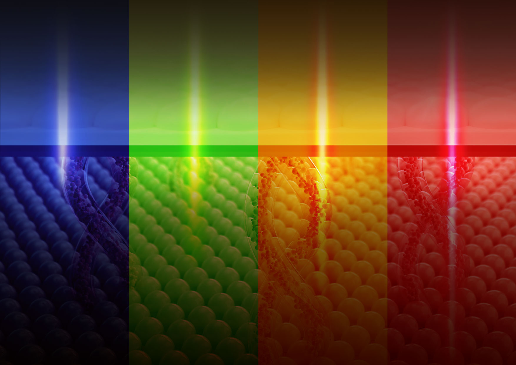 Cztery długości fal światła LED w Neno Beauty Luve – wizualizacja niebieskiego, zielonego, żółtego i czerwonego światła wspierającego regenerację skóry.