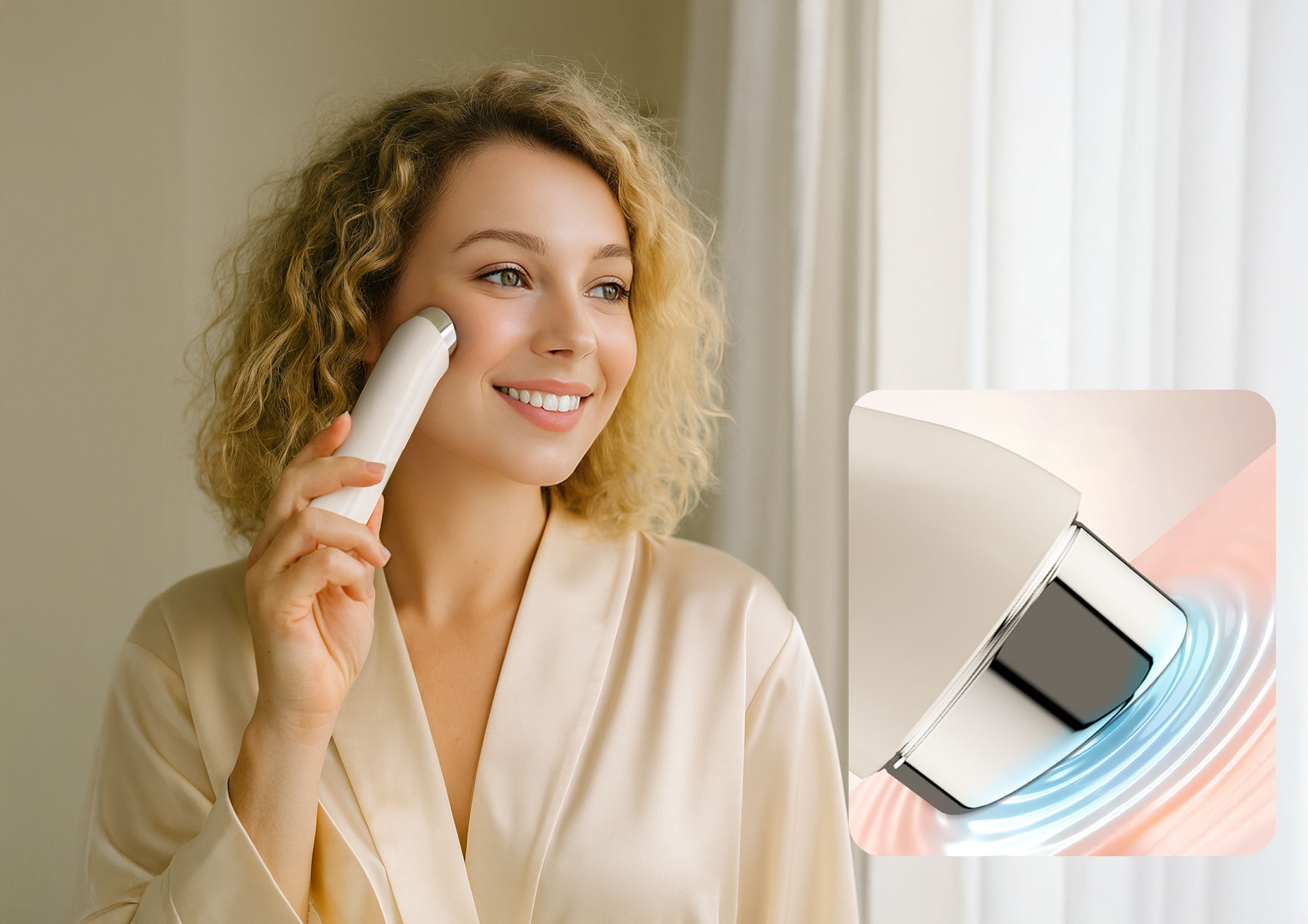 Wibracje soniczne Neno Beauty Luve – użytkowniczka stosuje urządzenie na policzku, a obok przedstawiono głowicę emitującą delikatne wibracje.