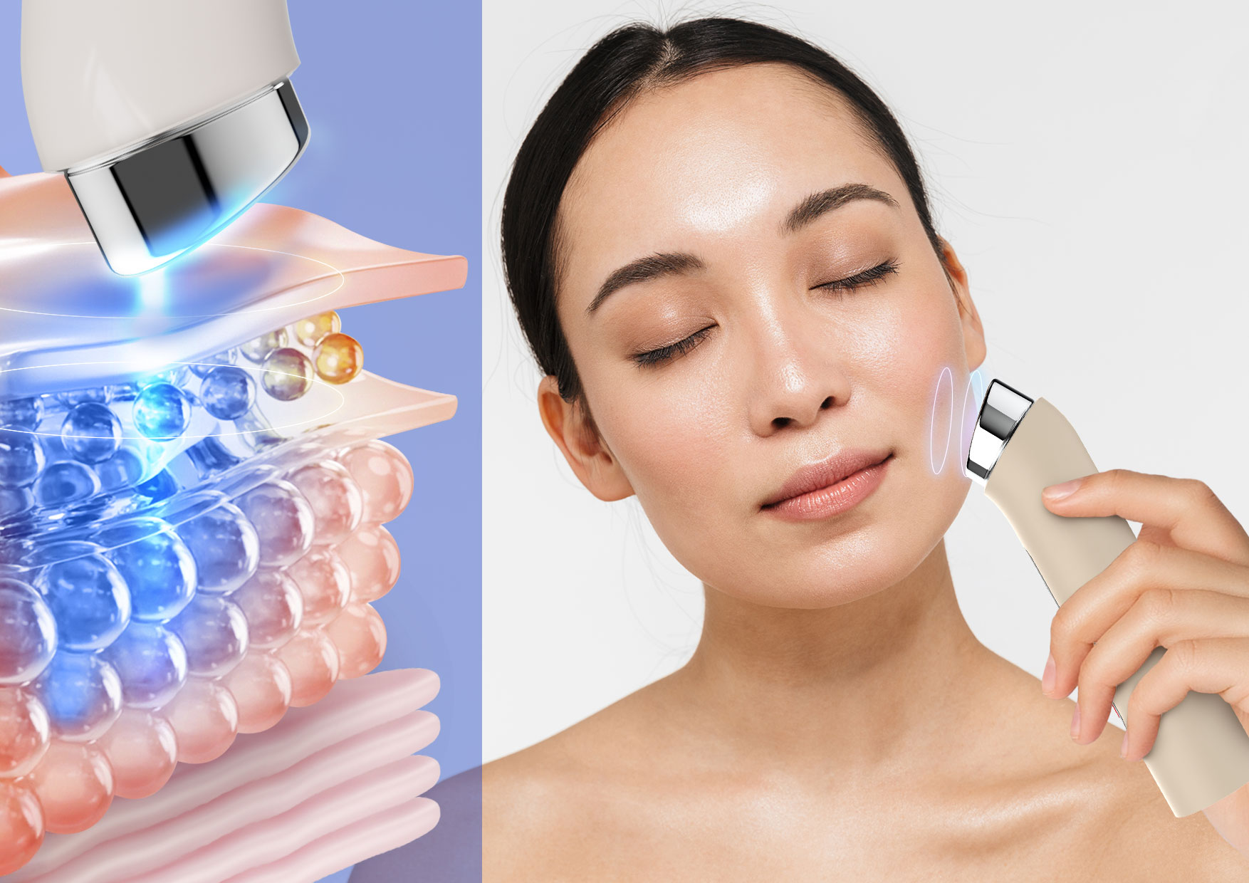 Tryb Air Shot Neno Beauty Luve – działanie niebieskiego światła LED i mikroimpulsów poprawiających strukturę skóry i redukujących niedoskonałości.