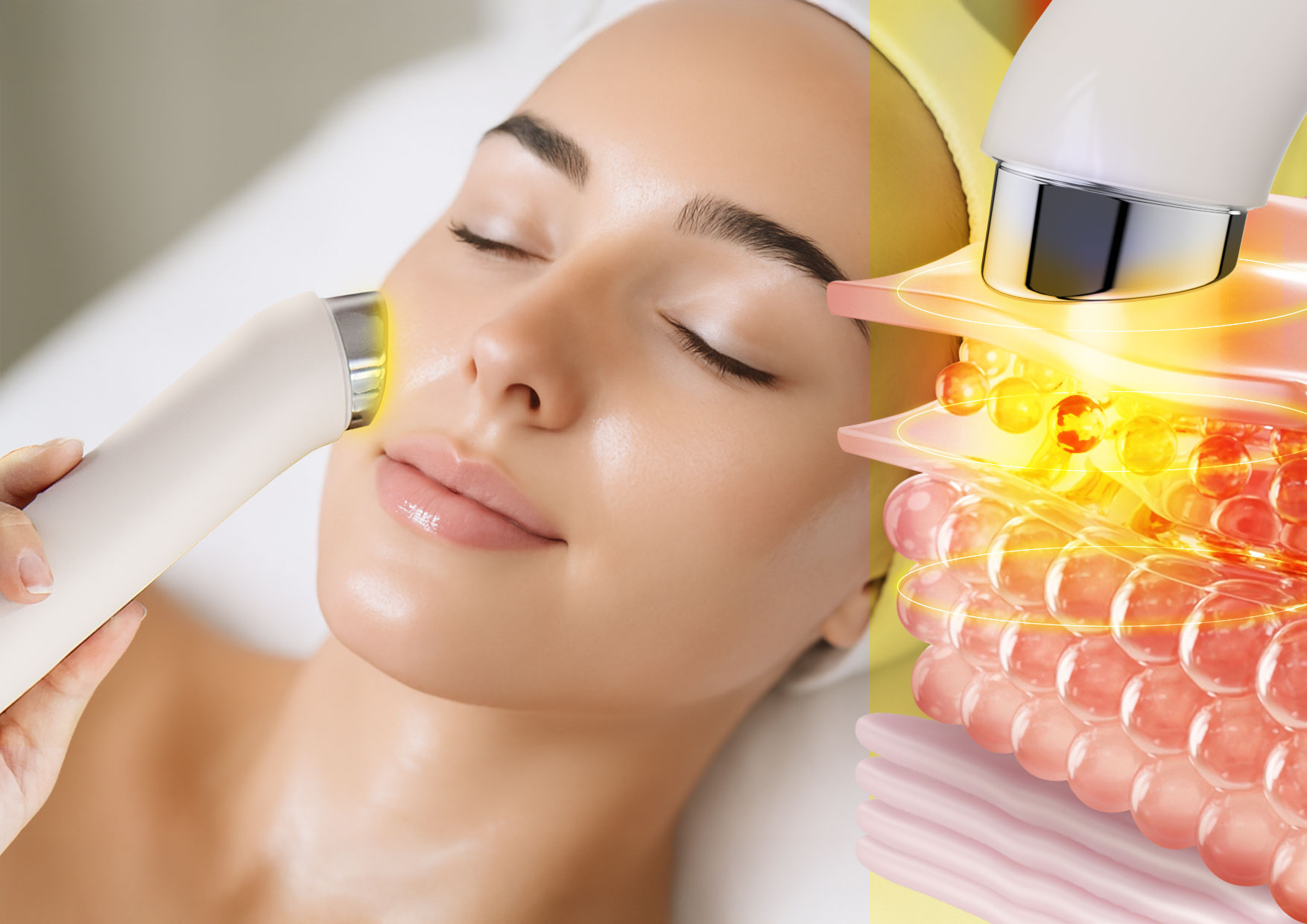 Tryb Booster Neno Beauty Luve – pielęgnacja z żółtym światłem LED i elektroporacją wspomagającą wchłanianie składników aktywnych w głąb skóry.