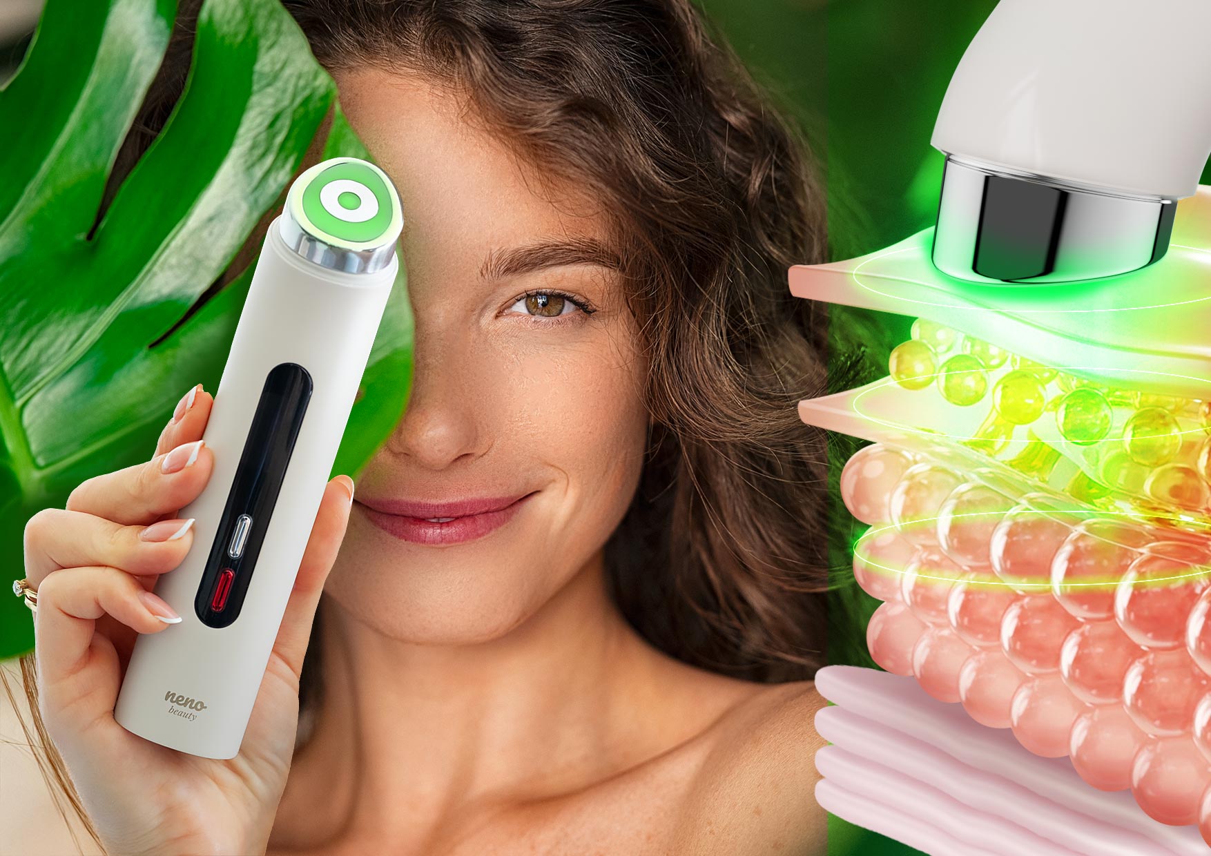 Tryb MC Neno Beauty Luve – działanie zielonego światła LED i mikroprądów stymulujących kolagen, poprawiających jędrność i wygładzenie skóry.