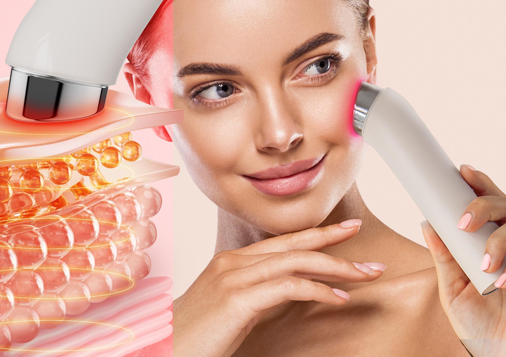 Tryb Derma Shot Neno Beauty Luve – masaż twarzy czerwonym światłem LED i EMS dla efektu liftingu, ujędrnienia oraz poprawy konturu.