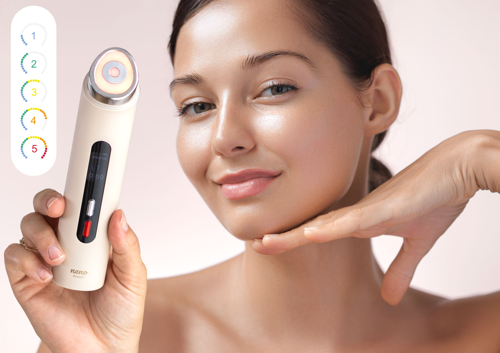 Akcesoria Neno Beauty Luve – zestaw z elegancką pokrywką ochronną, woreczkiem do przechowywania i kablem USB zaprezentowany w białej aranżacji.