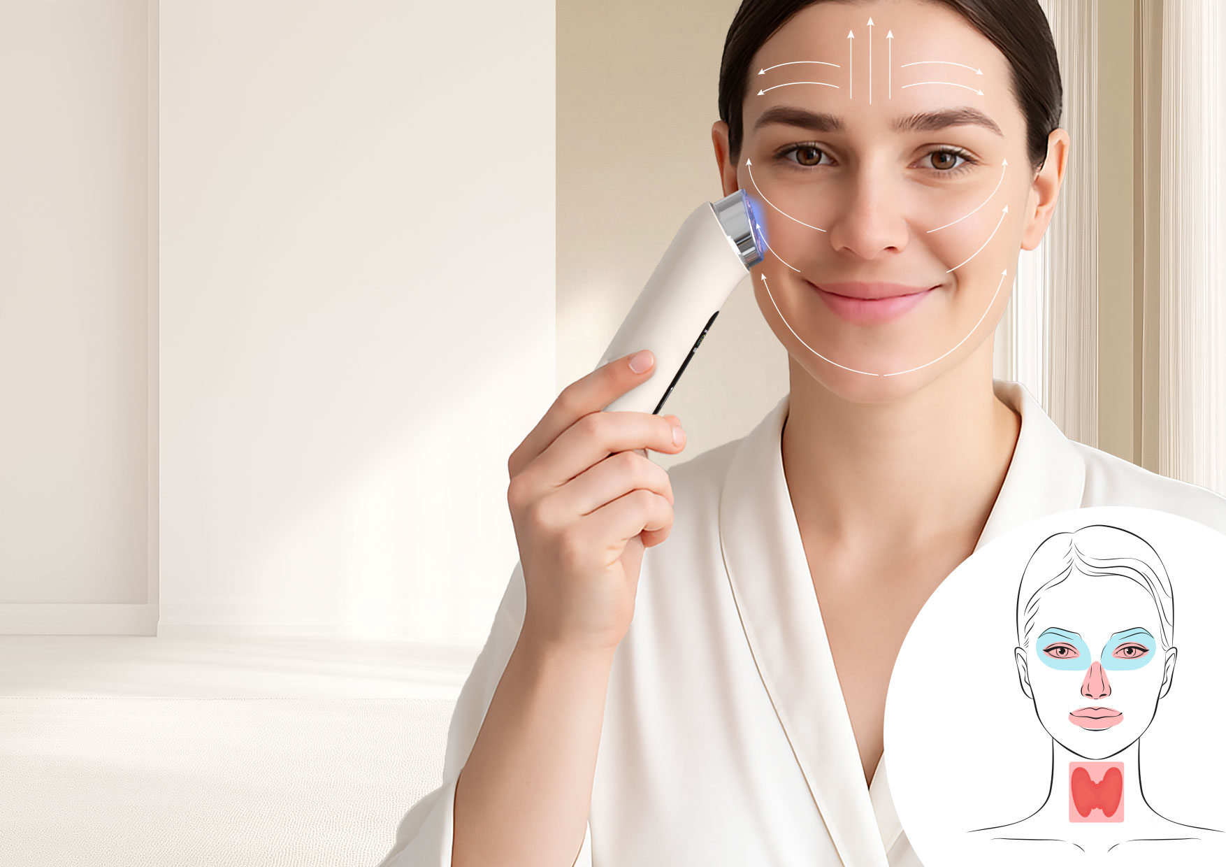 Kierunek masażu Neno Beauty Luve – schemat ruchów i zasady dla AIR SHOT, BOOSTER, MC i DERMA SHOT; wskazane strefy niskiego poziomu oraz obszary zabronione.