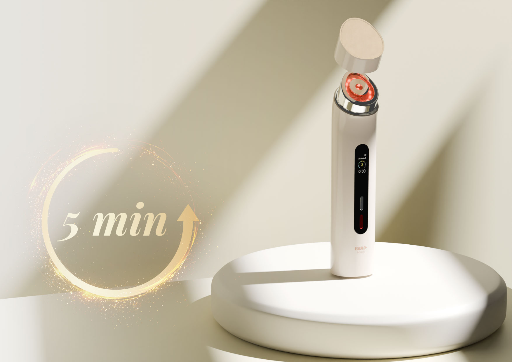 Czujnik kontaktu i 5-minutowy timer w Neno Beauty Luve – LED oraz odliczanie aktywne tylko przy styku głowicy ze skórą dla większego bezpieczeństwa.