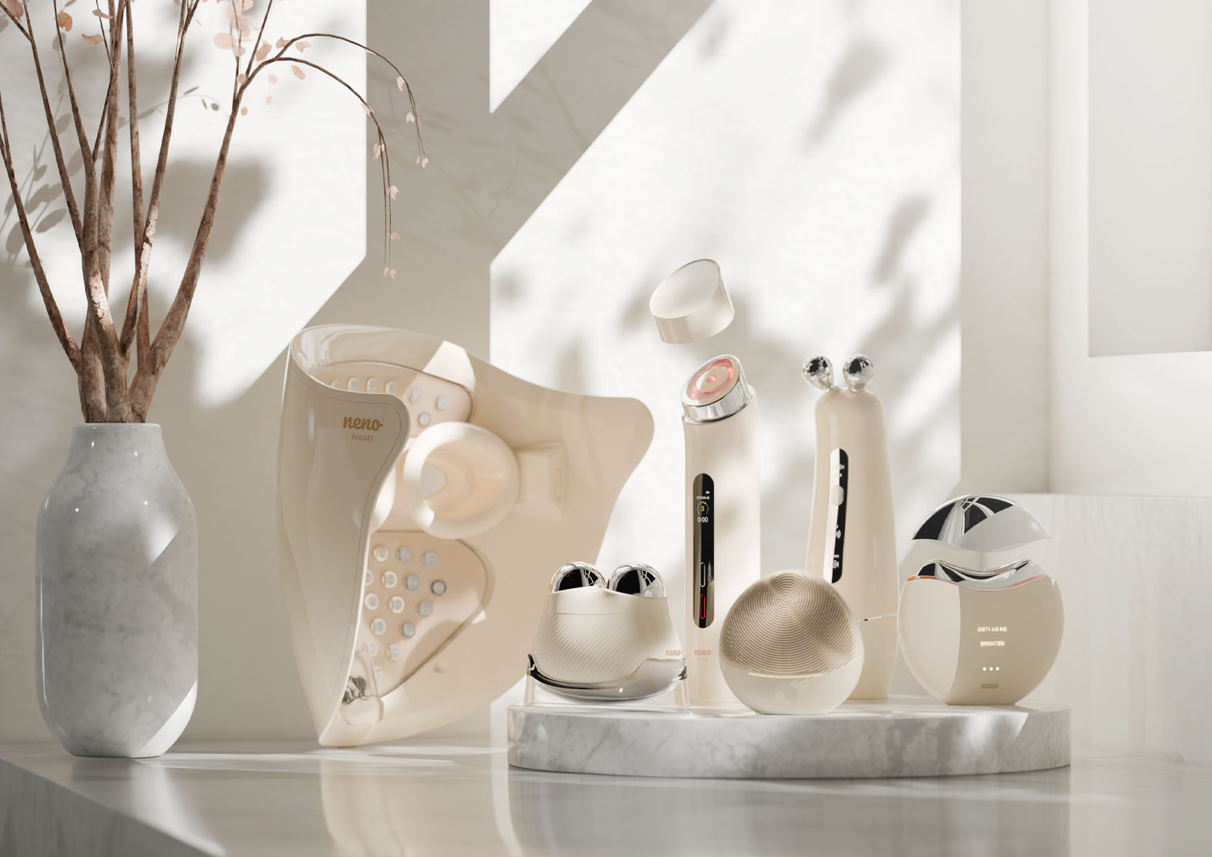 Seria Neno Beauty – zestaw urządzeń pielęgnacyjnych: Mica, Luve, Lumo i inne z linii Exclusive, zaprezentowane na marmurowym blacie w eleganckim wnętrzu.