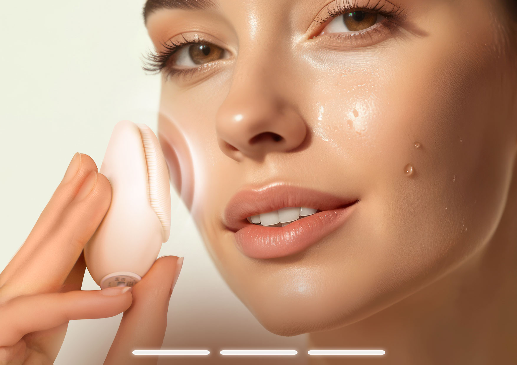 Neno Beauty Mica – kobieta wykonuje masaż twarzy szczoteczką z funkcją ciepła, symbolizując indywidualne ustawienia 3 poziomów intensywności wibracji i trybów.