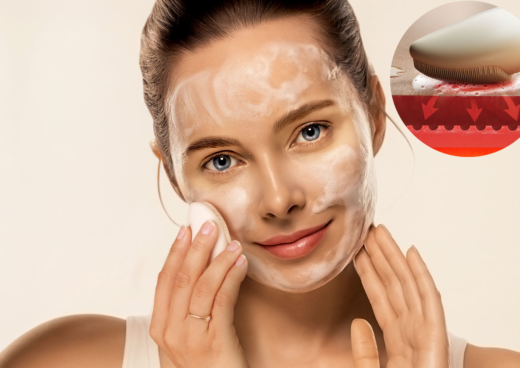 Kobieta myjąca twarz szczoteczką Neno Beauty Mica z pianą – wizualizacja funkcji podgrzewania i oczyszczania skóry twarzy dla efektu domowego SPA.