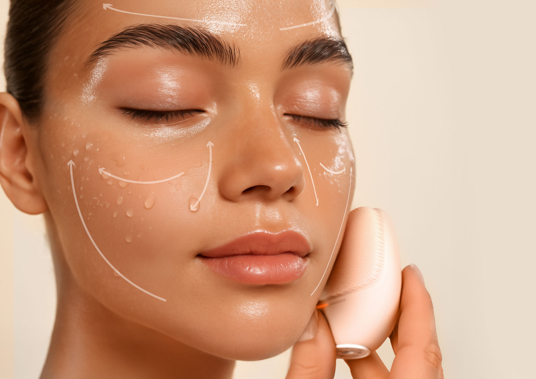 Neno Beauty Mica – instrukcja prawidłowego stosowania: kierunek ruchów szczoteczki na twarzy kobiety, zaznaczone strzałkami dla bezpiecznego masażu.