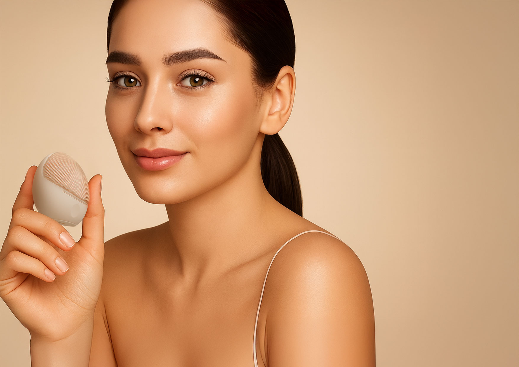 Neno Beauty Mica – kobieta prezentuje szczoteczkę, obok opis zasad higieny i bezpieczeństwa: częstotliwość użycia, czyszczenie głowicy i pielęgnacja skóry.