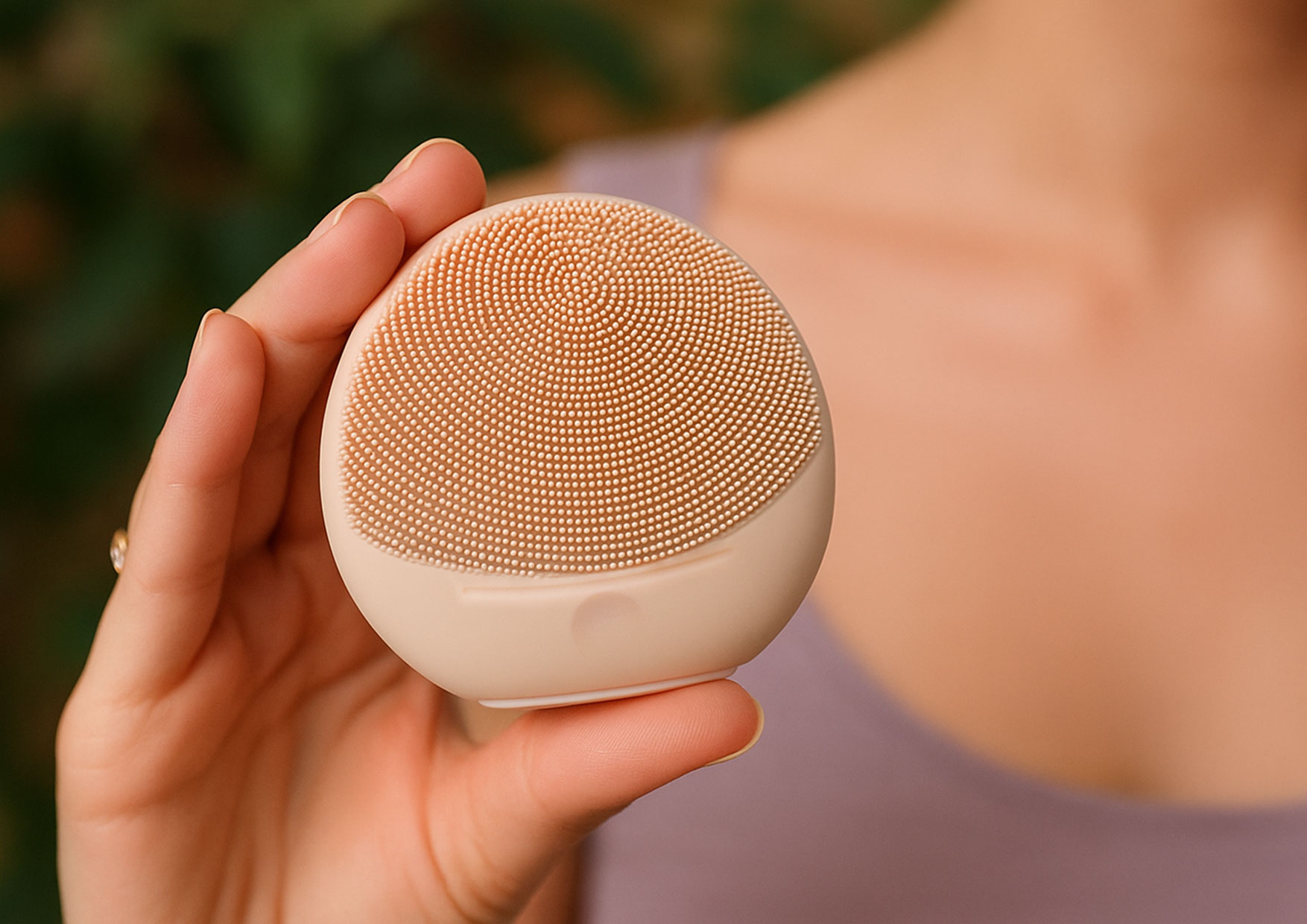 Zbliżenie dłoni trzymającej Neno Beauty Mica – opis funkcji 2-minutowego timera i pamięci ostatniego trybu, dla komfortowego codziennego oczyszczania twarzy.