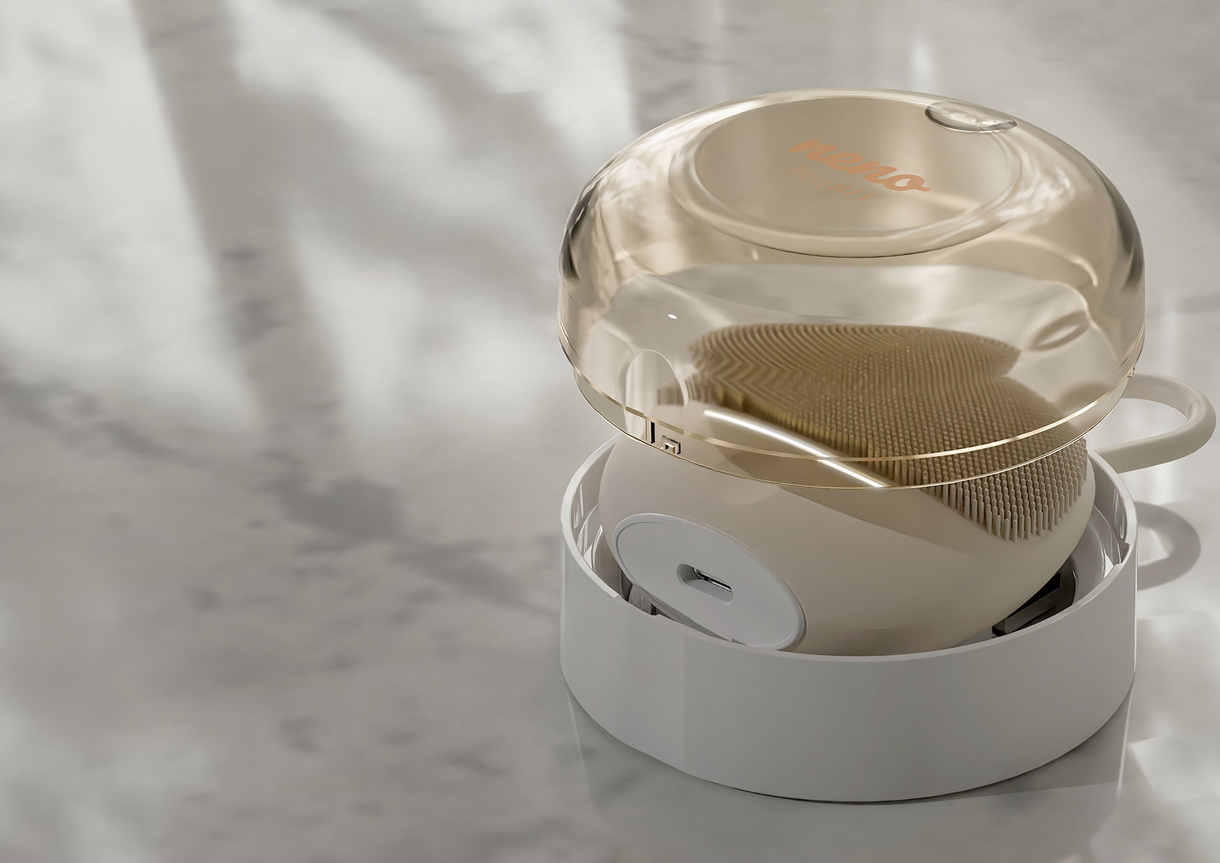 Akcesoria Neno Beauty Mica – magnetyczne etui z pokrywką i kablem USB-C w zestawie, zaprezentowane na marmurowym blacie w eleganckim otoczeniu.