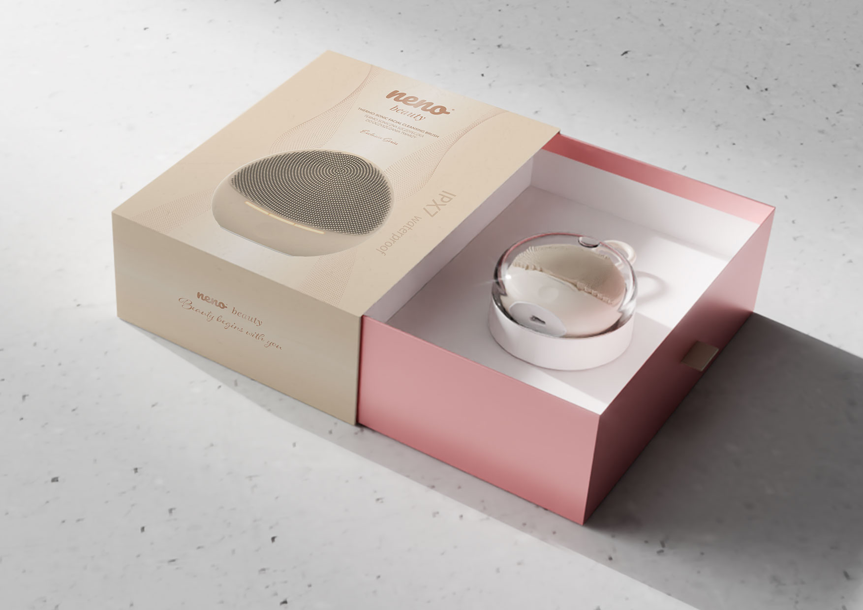 Zestaw Neno Beauty Mica w pudełku – szczoteczka z etui i kablem USB-C, widok opakowania produktu z danymi technicznymi, kodem EAN i informacjami producenta.