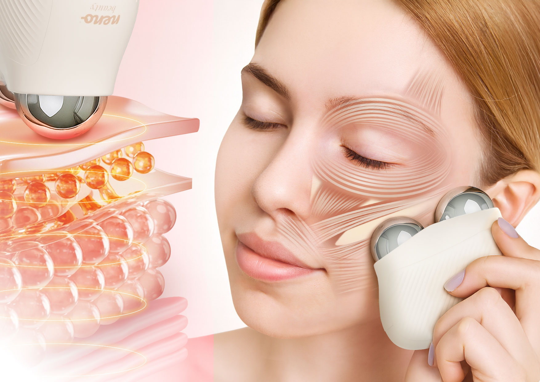 Kobieta wykonuje masaż twarzy urządzeniem Neno Naya z podkreślonym działaniem technologii EMS i ilustracją fal impulsowych.