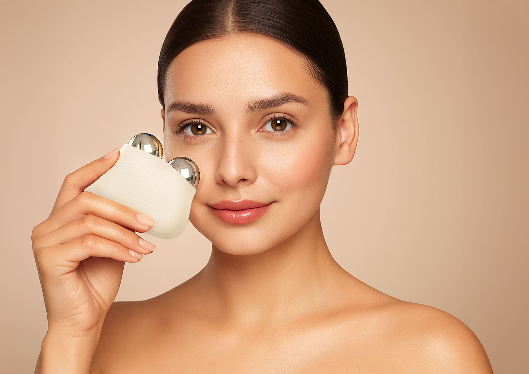 Kobieta trzyma przy twarzy masażer Neno Naya z funkcją pamięci ostatnich ustawień.