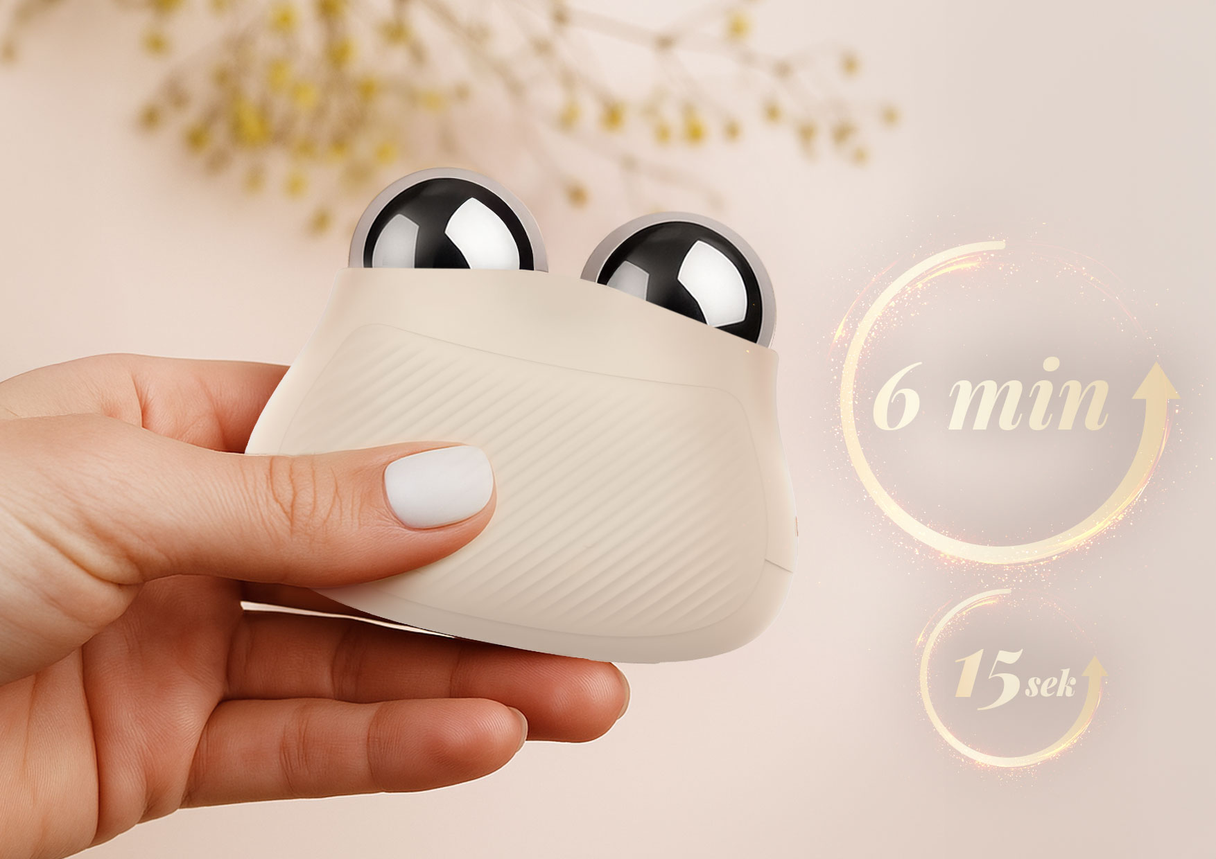 Masażer Neno Naya w dłoni z ikonami timera: 6 minut całkowitego zabiegu, sygnał co 15 sekund.
