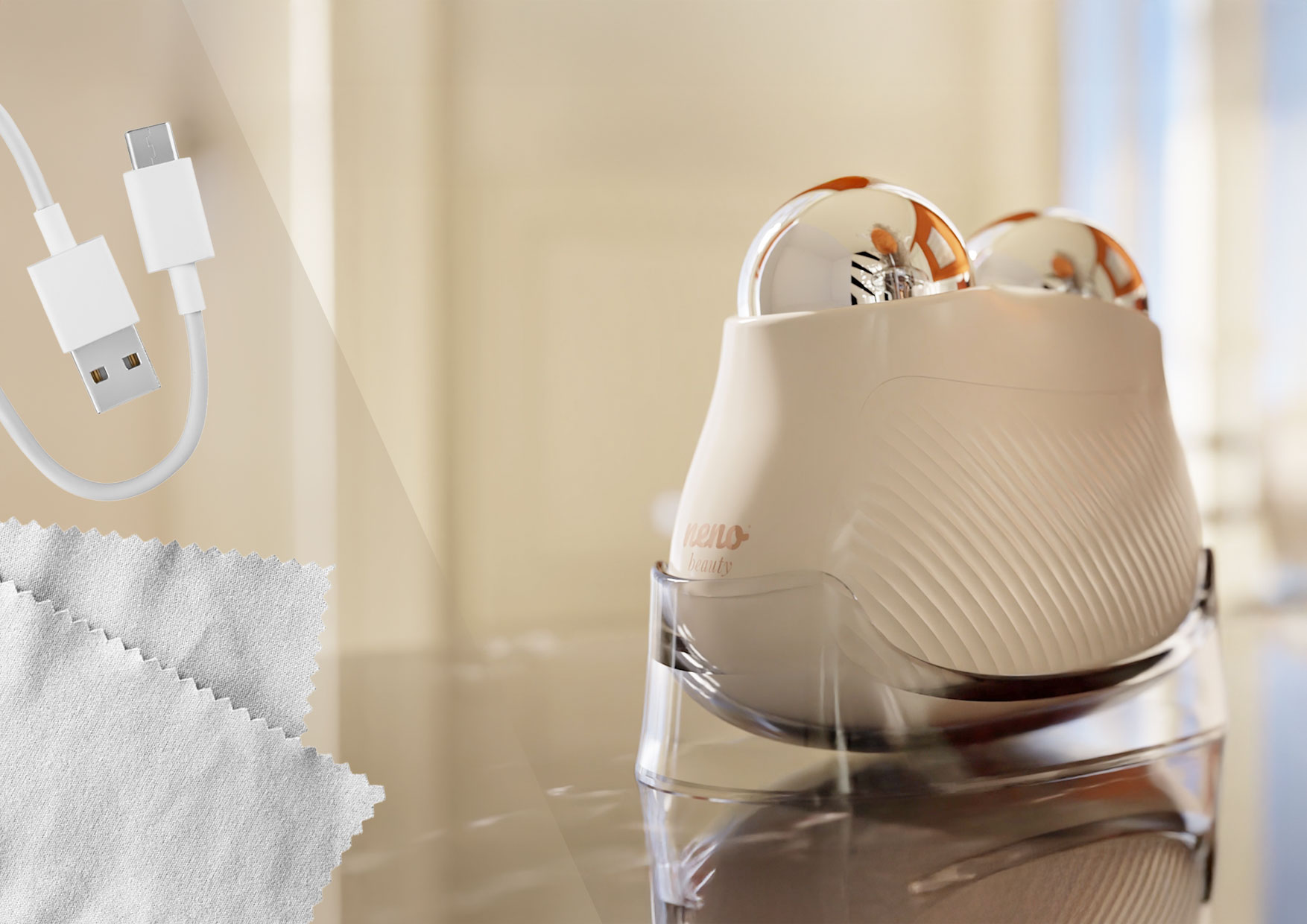 Akcesoria zestawu Neno Naya: masażer na podstawce, kabel USB-C i ściereczka z mikrofibry do czyszczenia.