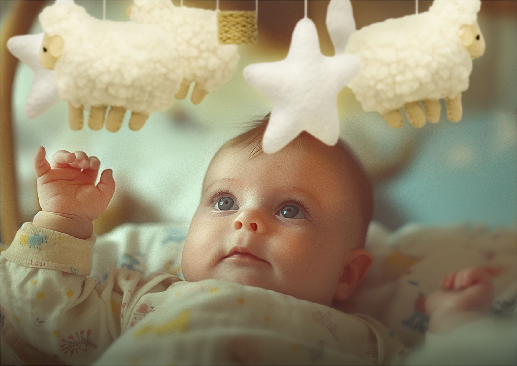 Niemowlę obserwuje karuzelę Neno Nelu z barankami i gwiazdkami. Poruszające się zawieszki przyciągają wzrok i uwagę dziecka.