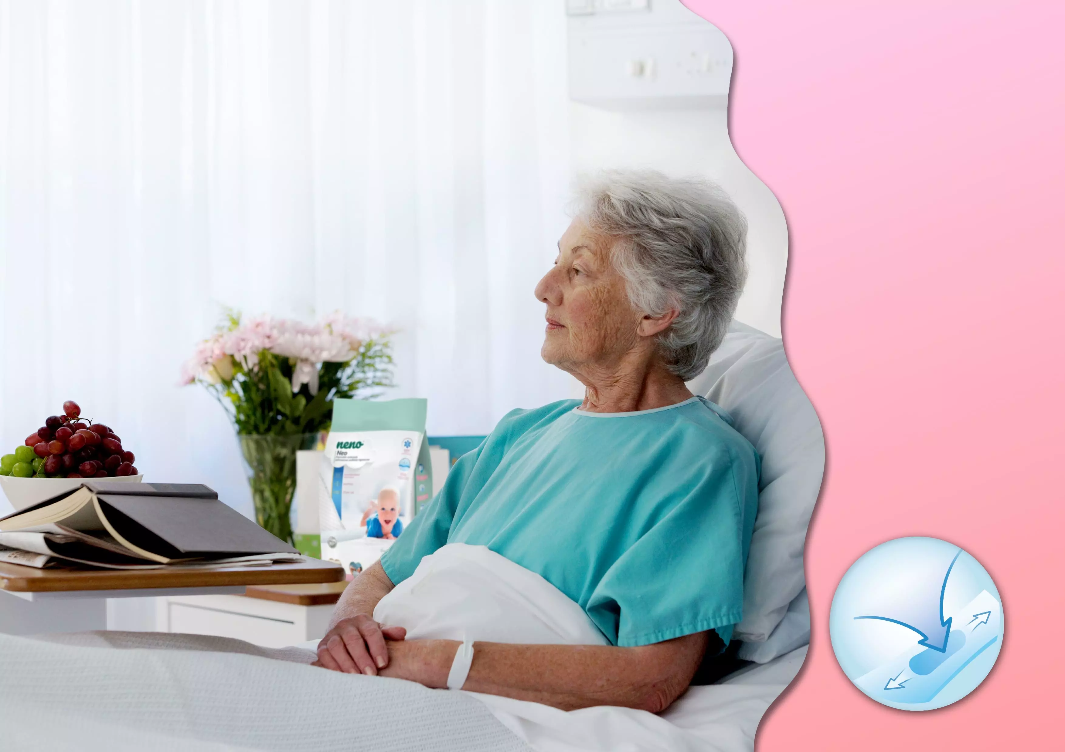 elderly woman in bed by the cabinet with books, flowers and Neno Neo sleepers