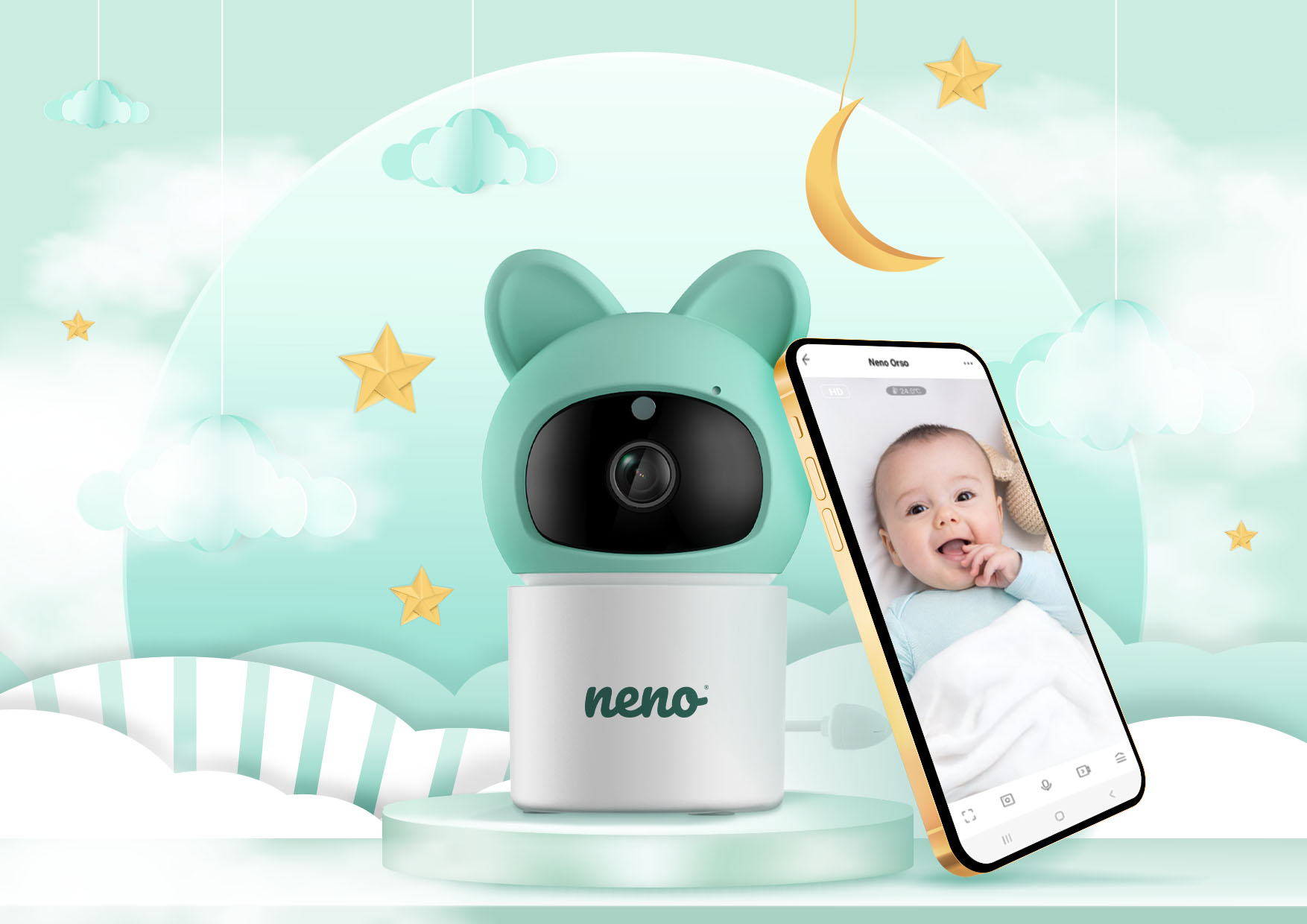 Profesjonalna wideo-niania IP-Wi-Fi Neno Orso z aplikacją mobilną na smartfonie