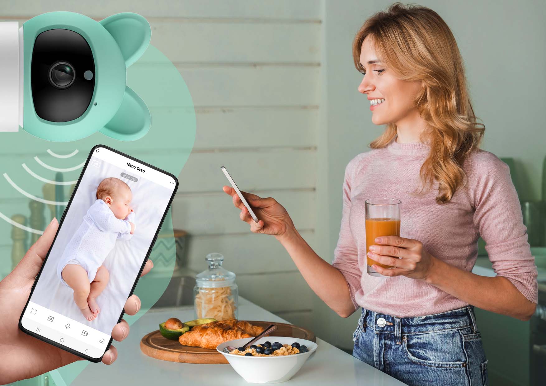 Kobieta obserwująca dziecko przez aplikację mobilną Neno Orso – nowoczesna niania Wi-Fi