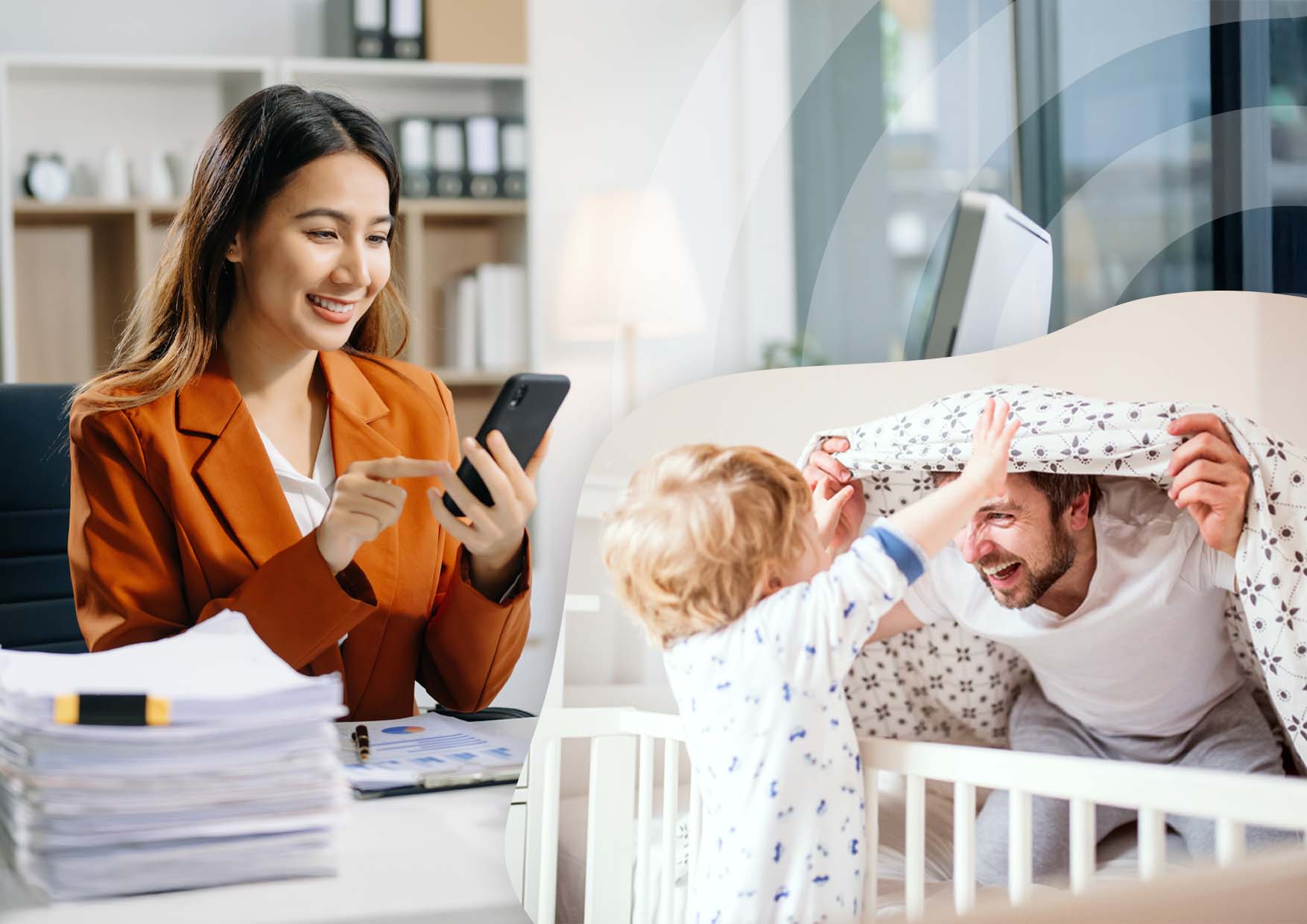 Podgląd na żywo – mama ogląda dziecko w aplikacji, zabawa z tatą w łóżku