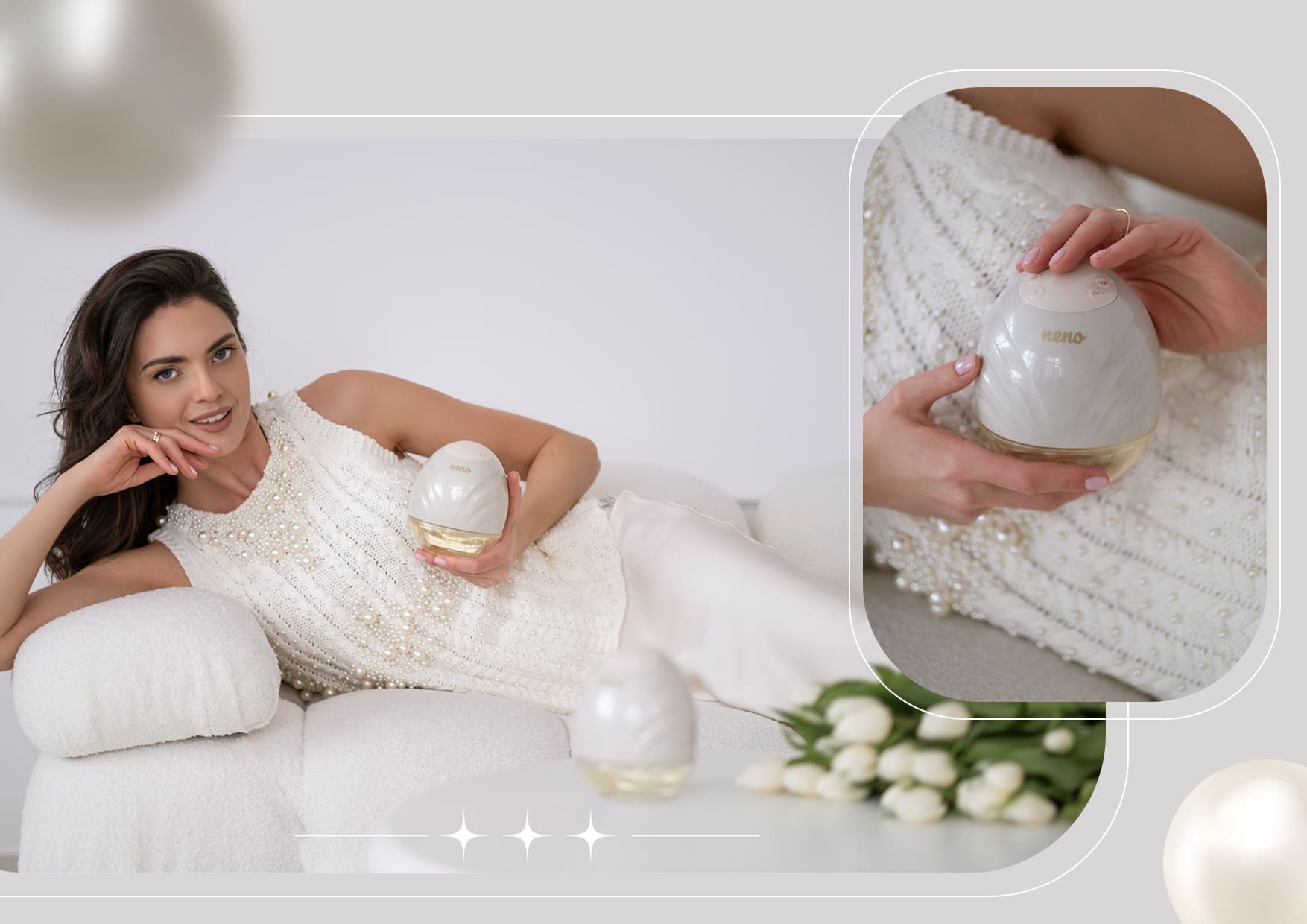 o femeie întinsă într-o ținută elegantă și ținând în brațe Neno Perla