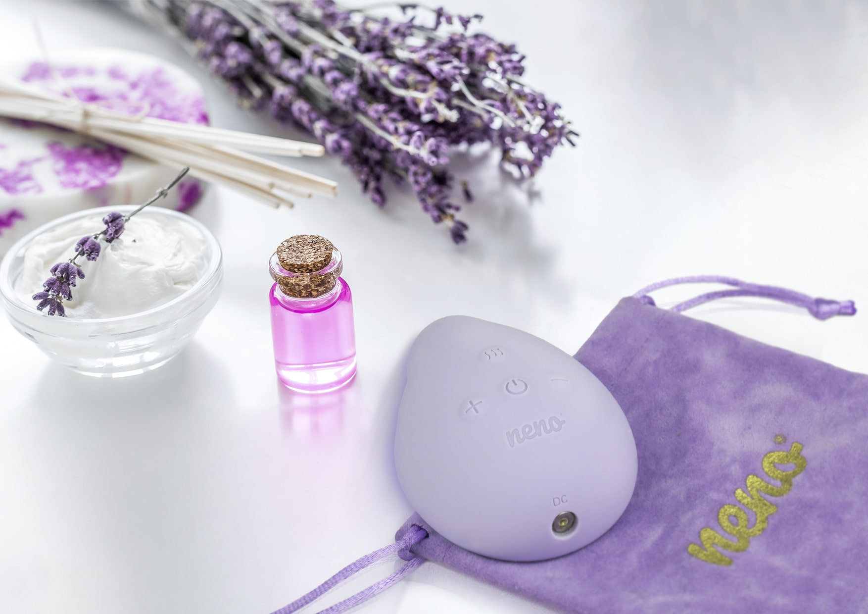 lavender, cosmetics and in the foreground Neno Pesca with a velvet bag