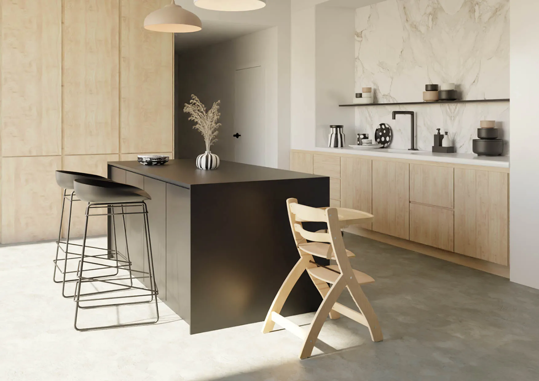 Krzesełko Neno Pino ustawione przy wyspie kuchennej. Obraz podkreśla lekkość i mobilność mebla w nowoczesnym wnętrzu.
