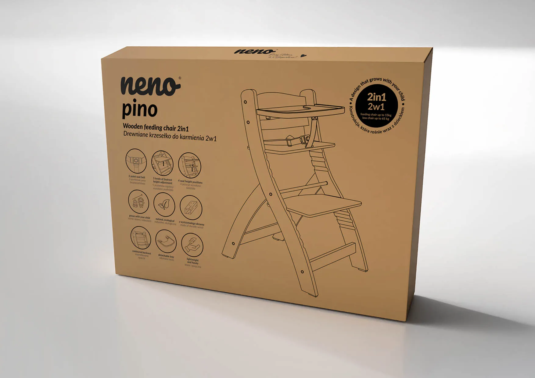 Opakowanie produktu Neno Pino z danymi technicznymi, opisem funkcji i oznaczeniem EcoBox, przedstawione w eleganckim świetle studyjnym.