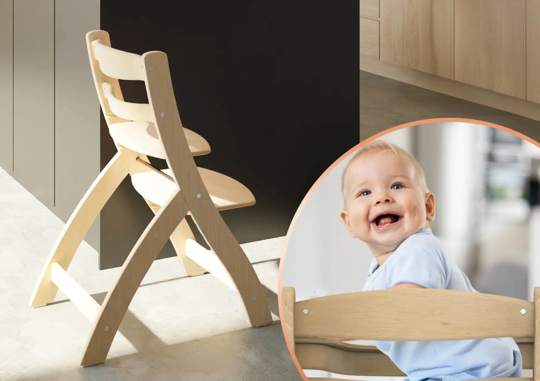 Krzesełko Neno Pino z wyprofilowanym oparciem zapewniającym ergonomiczną postawę. W kółku uśmiechnięte dziecko siedzące w krzesełku.