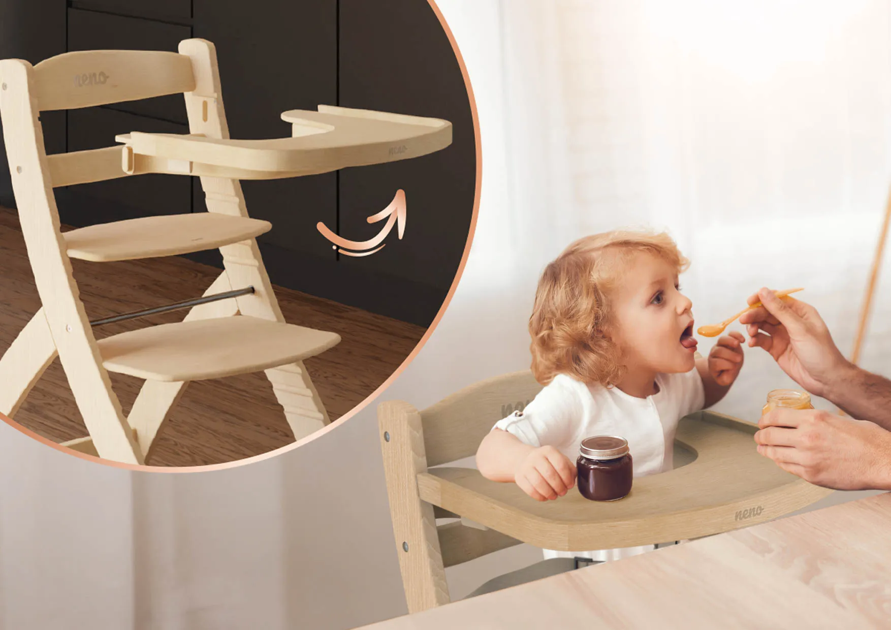 Rodzic karmi dziecko w krzesełku Neno Pino z odpinaną tacką. Zdjęcie ukazuje łatwość czyszczenia i funkcjonalność mebla.