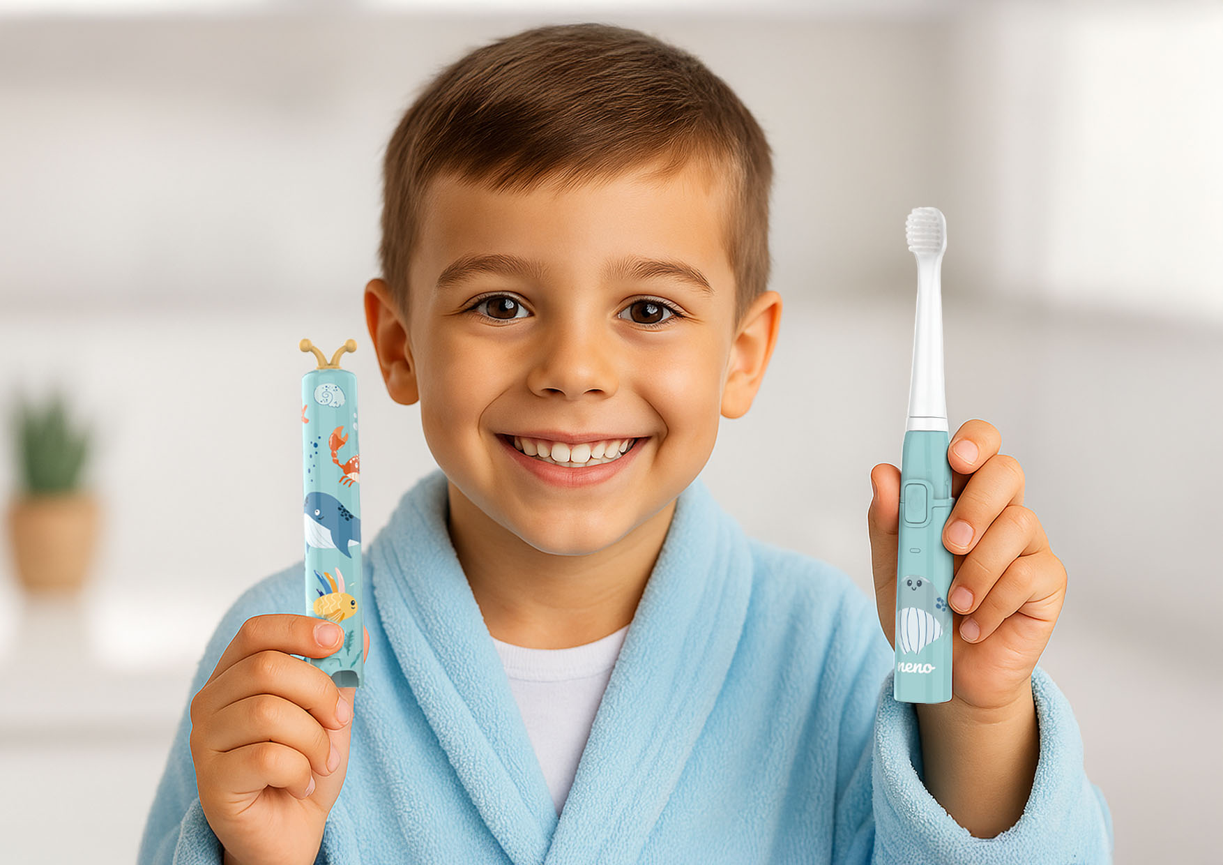 Różowa elektryczna szczoteczka dla dzieci z morskim wzorem, stojąca na jasnym tle