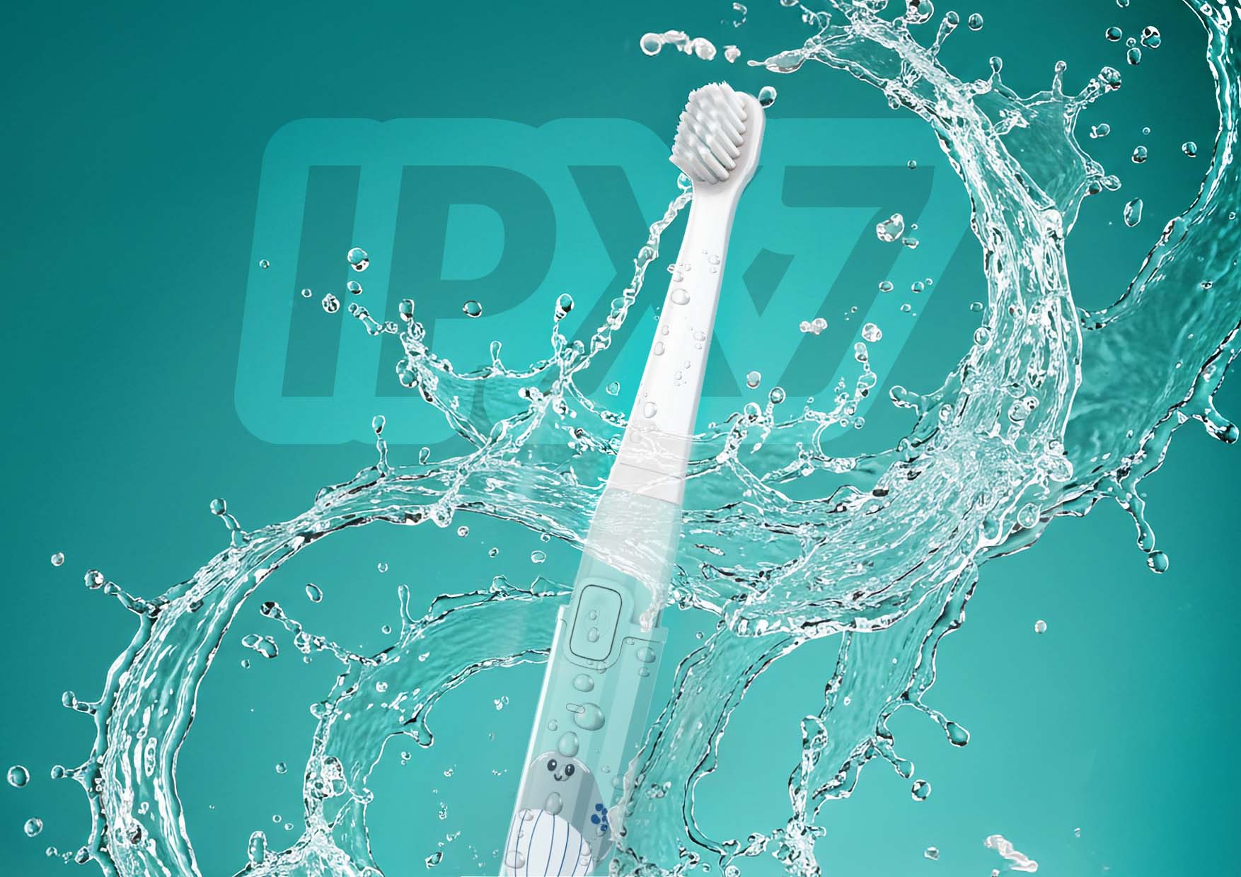 Szczoteczka elektryczna zanurzona w wodzie, pokazana wodoodporność