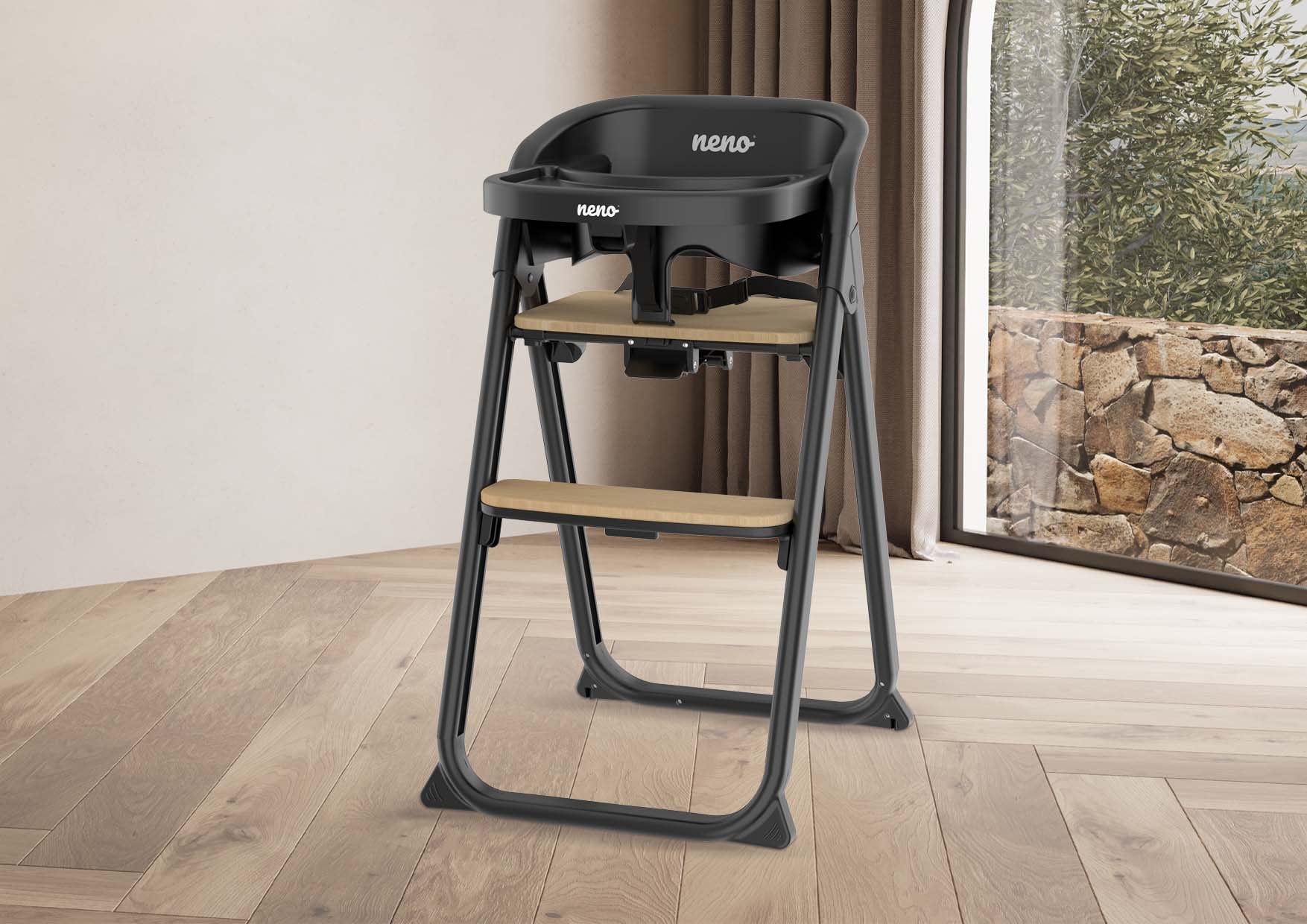 Krzesełko do karmienia Neno Sapori Black 4w1 – grafika produktu i logotyp premium.