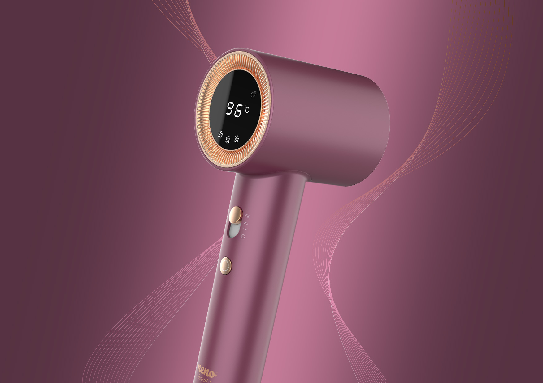 Suszarka Neno Beauty Silvia różowa z wyświetlaczem LED, widok z boku, tło z logotypami nagród.