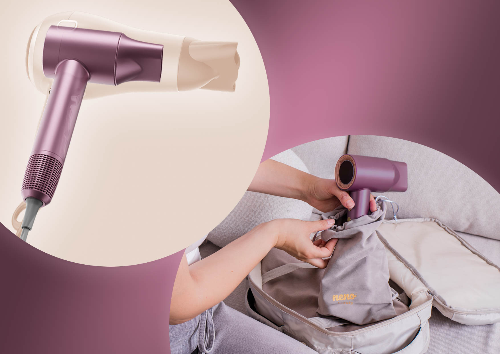 Suszarka Neno Beauty Silvia w walizce podróżnej oraz widok kompaktowej konstrukcji.