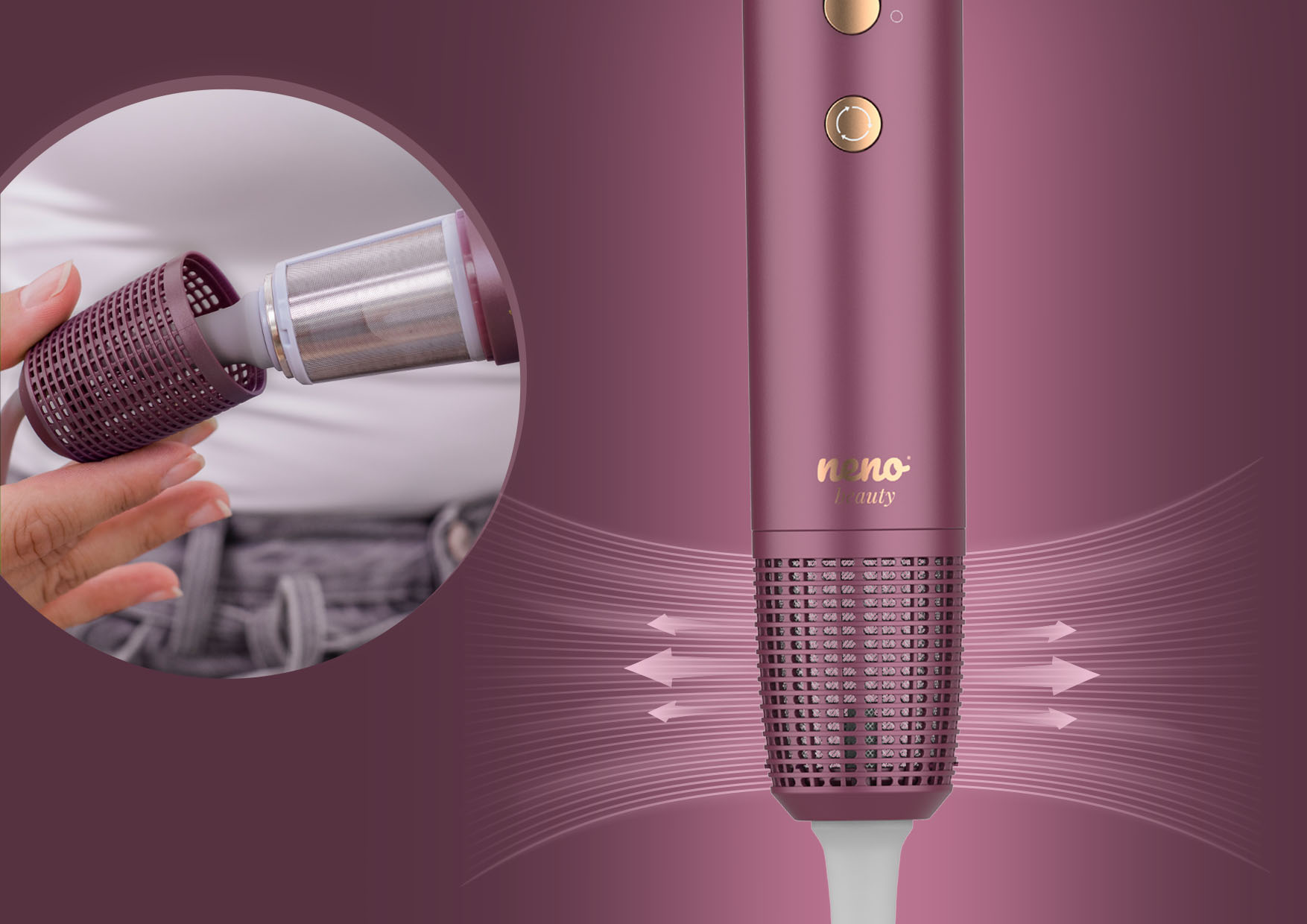 Zbliżenie na rękę wyjmującą filtr z dolnej części suszarki Neno Beauty Silvia.