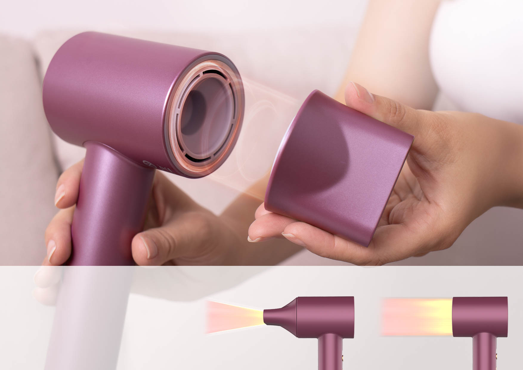 Dłoń z magnetyczną dyszą koncentrującą obok suszarki Neno Beauty Silvia.