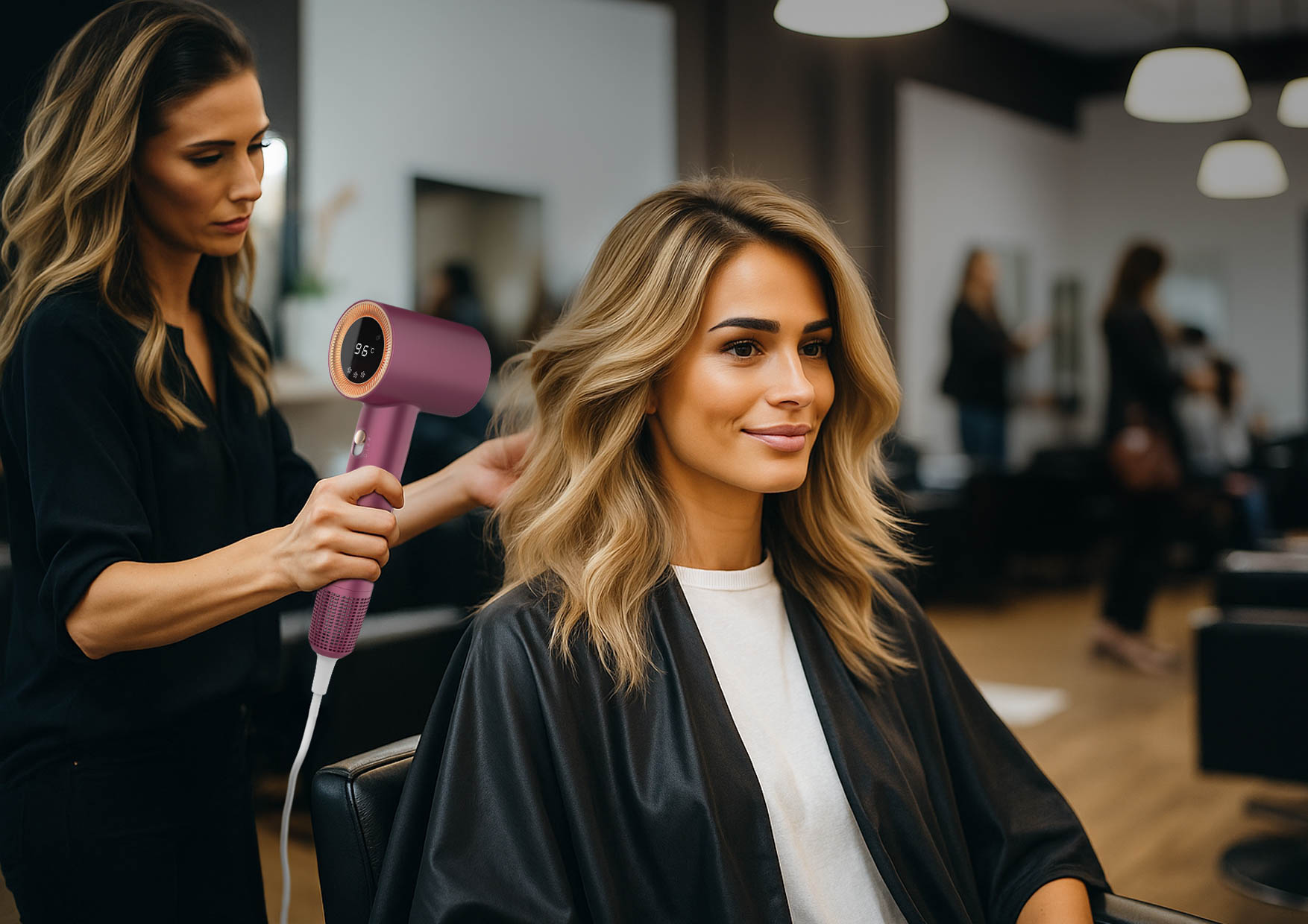 Fryzjerka suszy włosy klientce suszarką Neno Beauty Silvia w salonie fryzjerskim.