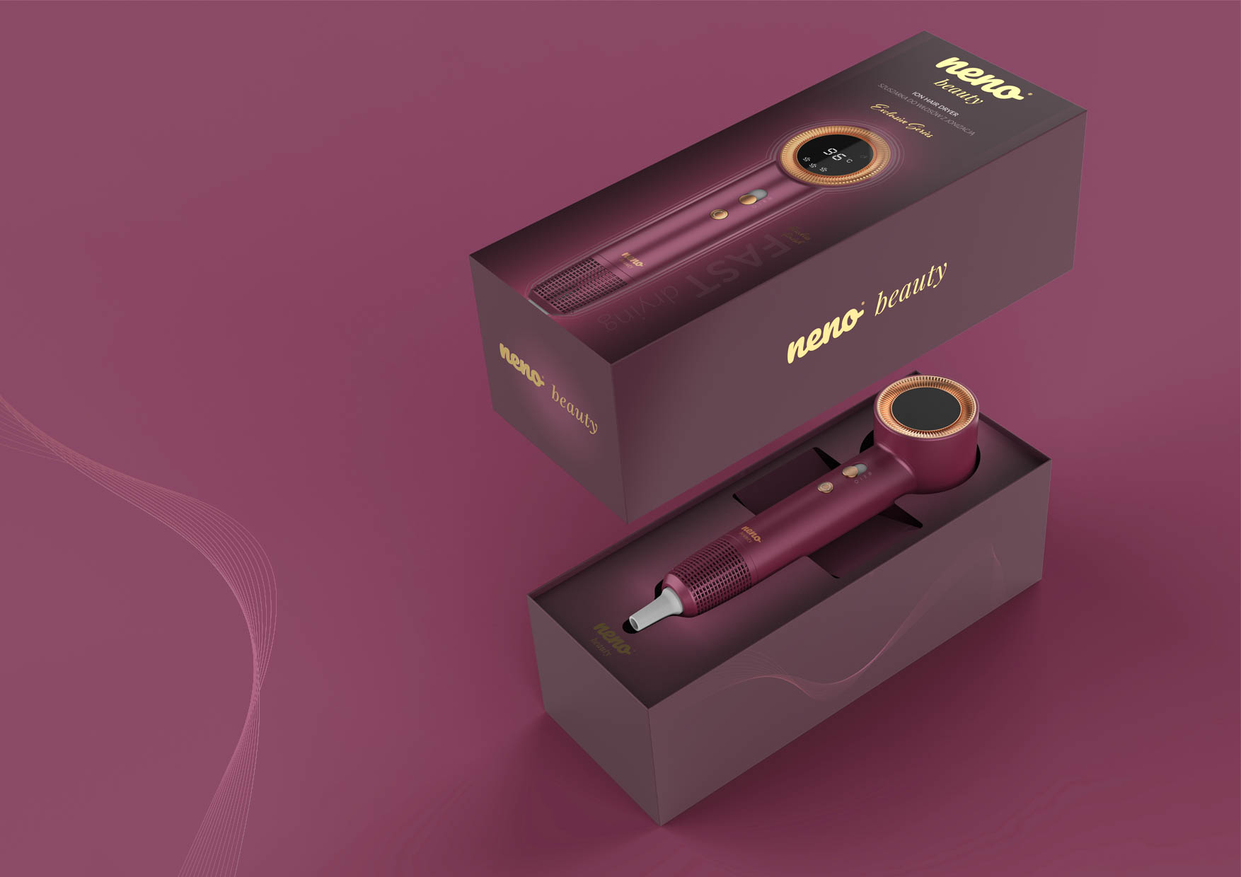 Suszarka Neno Beauty Silvia w eleganckim pudełku, widok z góry i z boku.