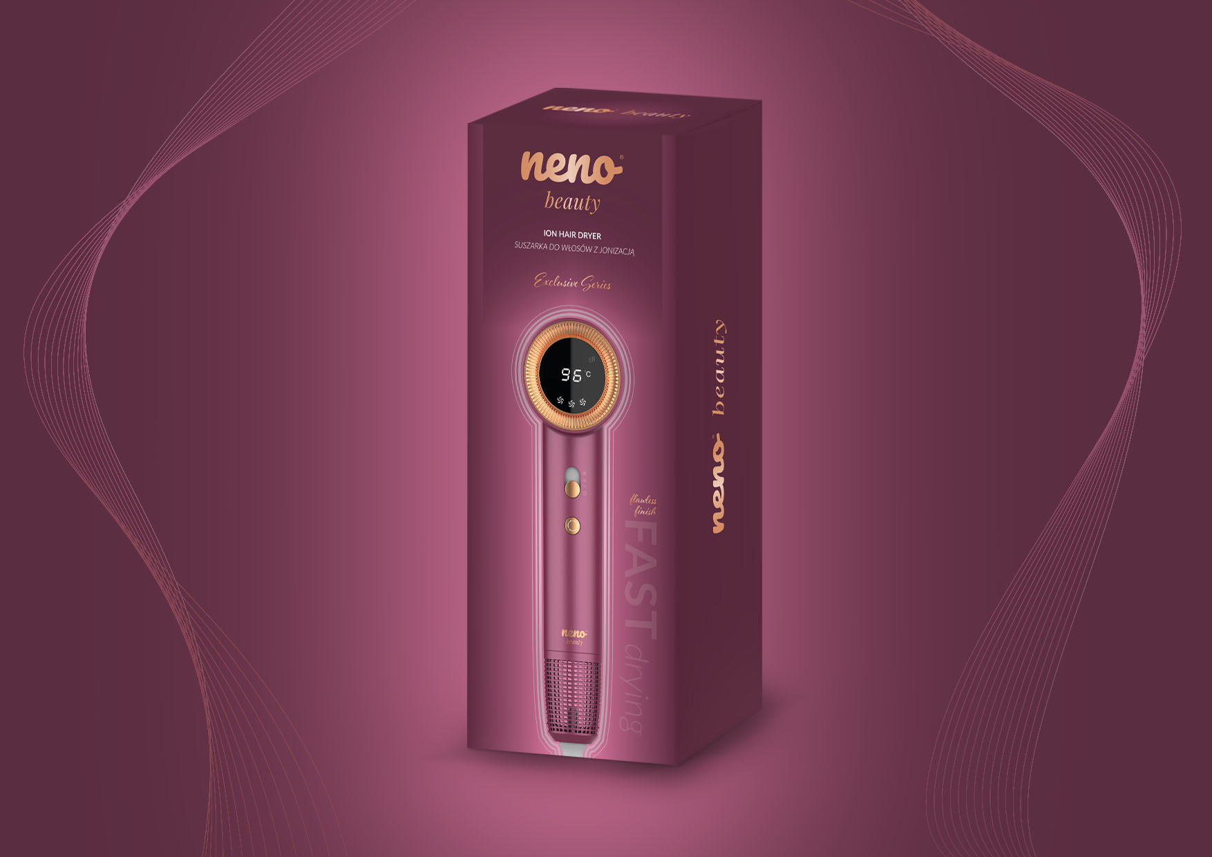 Suszarka Neno Beauty Silvia w różowym pudełku pionowo, obok dane techniczne.