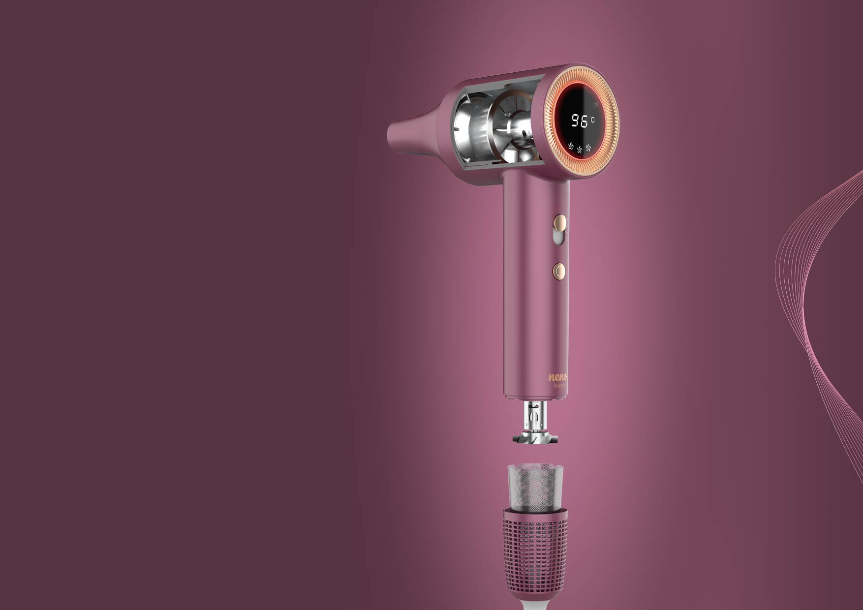 Przekrój suszarki Neno Beauty Silvia z opisem funkcji, kratką filtra i pierścieniem LED.