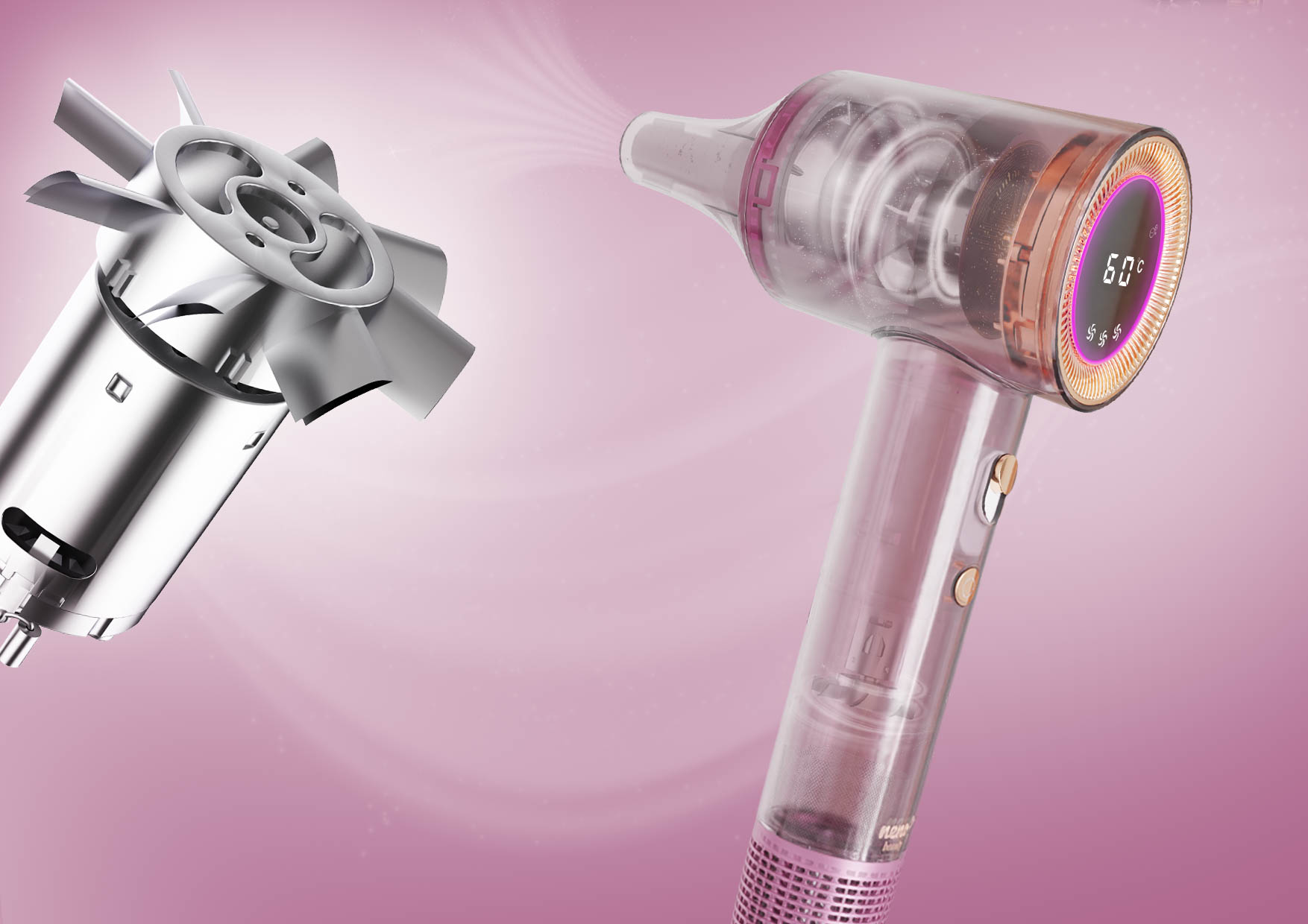 Zbliżenie na turbinę i korpus suszarki Neno Beauty Silvia z napisem „110 000 obr./min”.