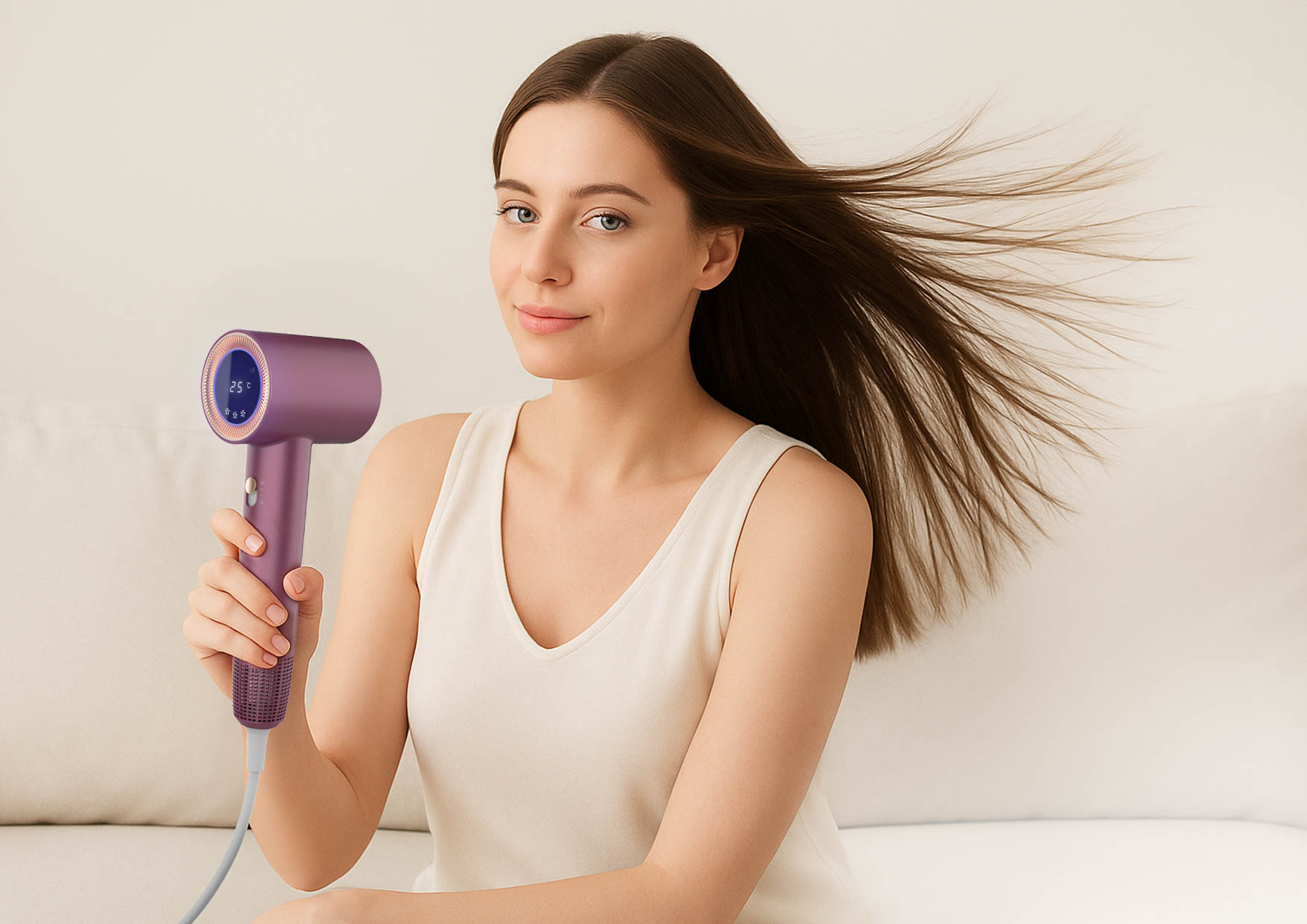 Kobieta suszy włosy suszarką Neno Beauty Silvia w jasnym wnętrzu, gładkie i lśniące włosy.