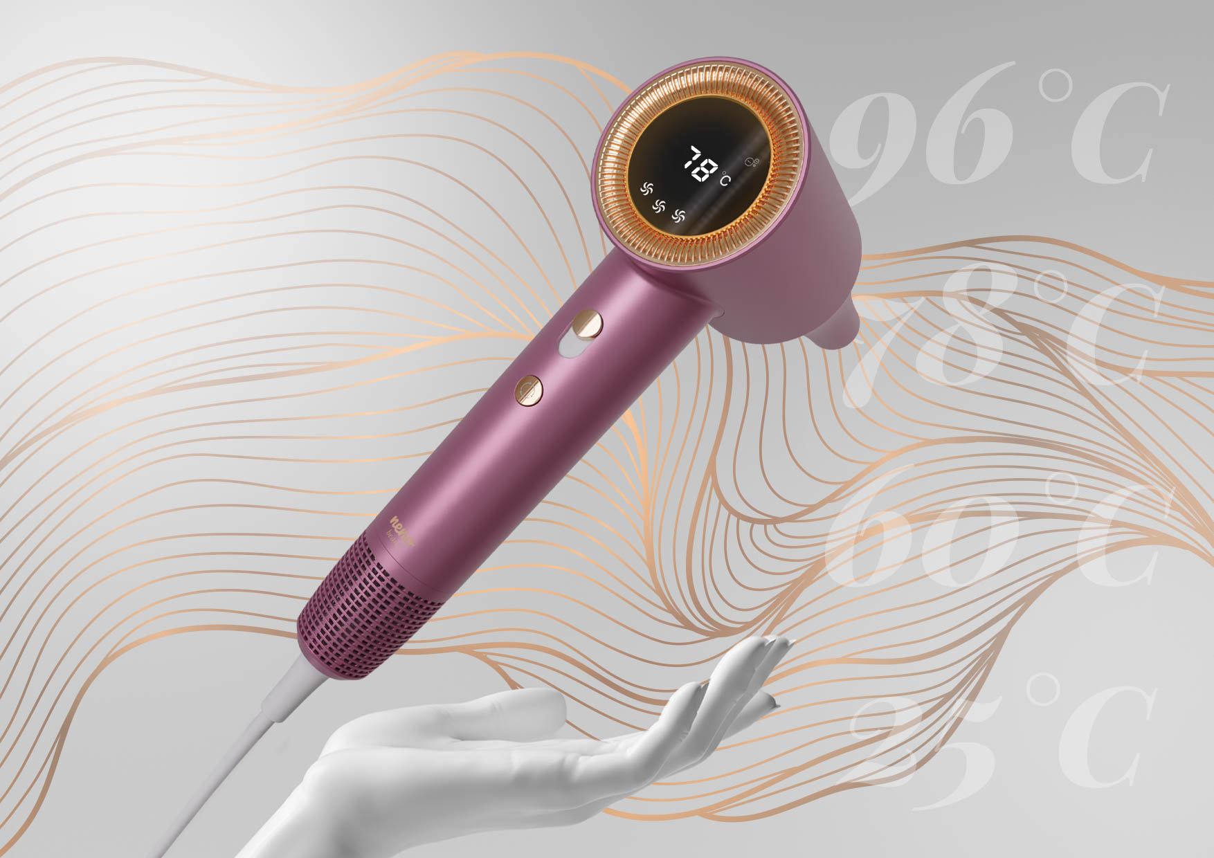 Suszarka Neno Beauty Silvia z wyświetlaczem 78°C, tło z falistymi liniami powietrza.