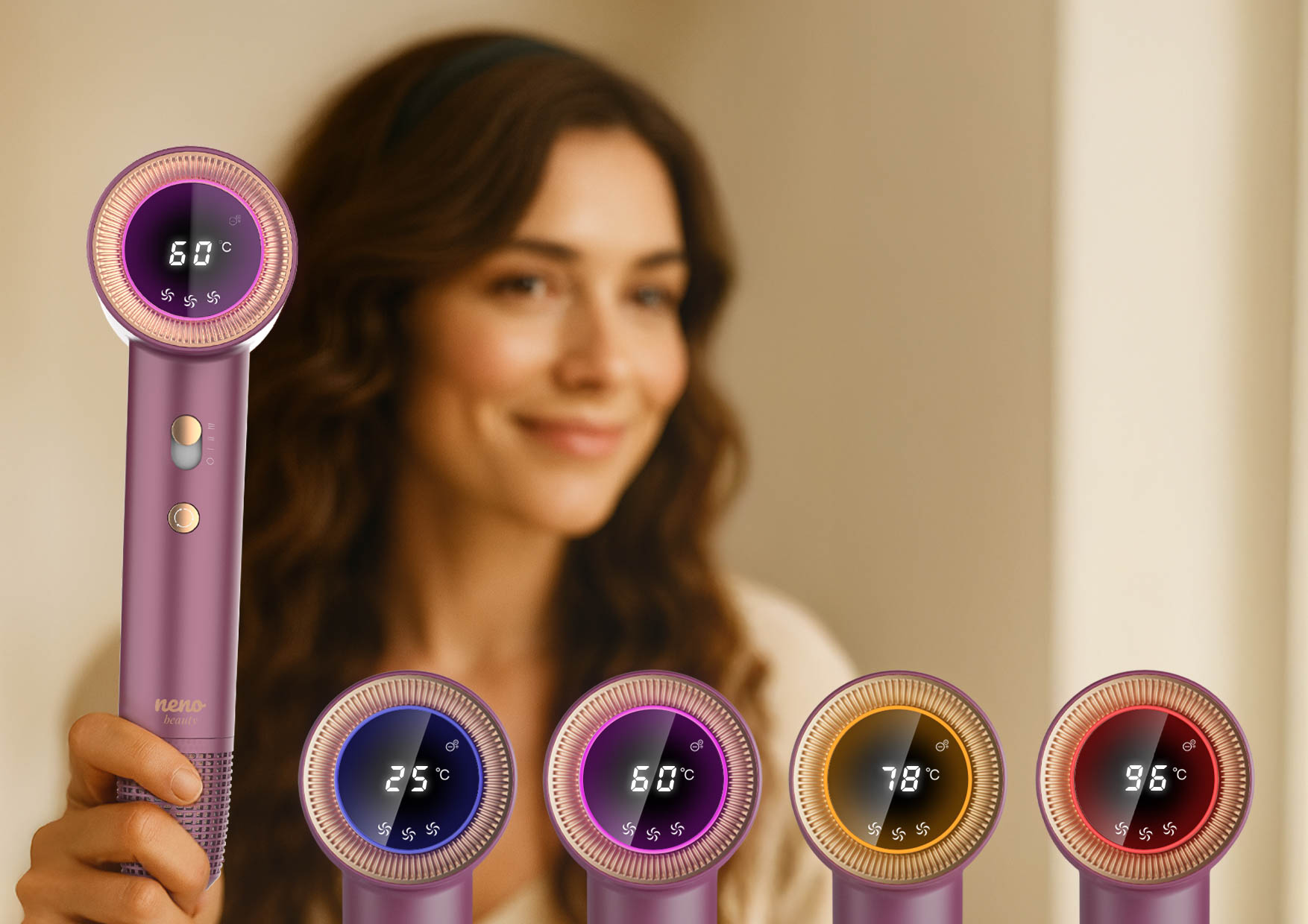 Kobieta trzyma suszarkę Neno Beauty Silvia, pięć kolorów pierścienia LED dla różnych trybów.