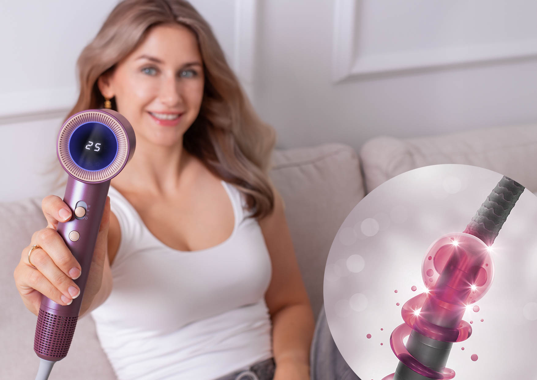 Kobieta z suszarką Neno Beauty Silvia ustawioną na 25°C, grafika zamykania łusek włosa.