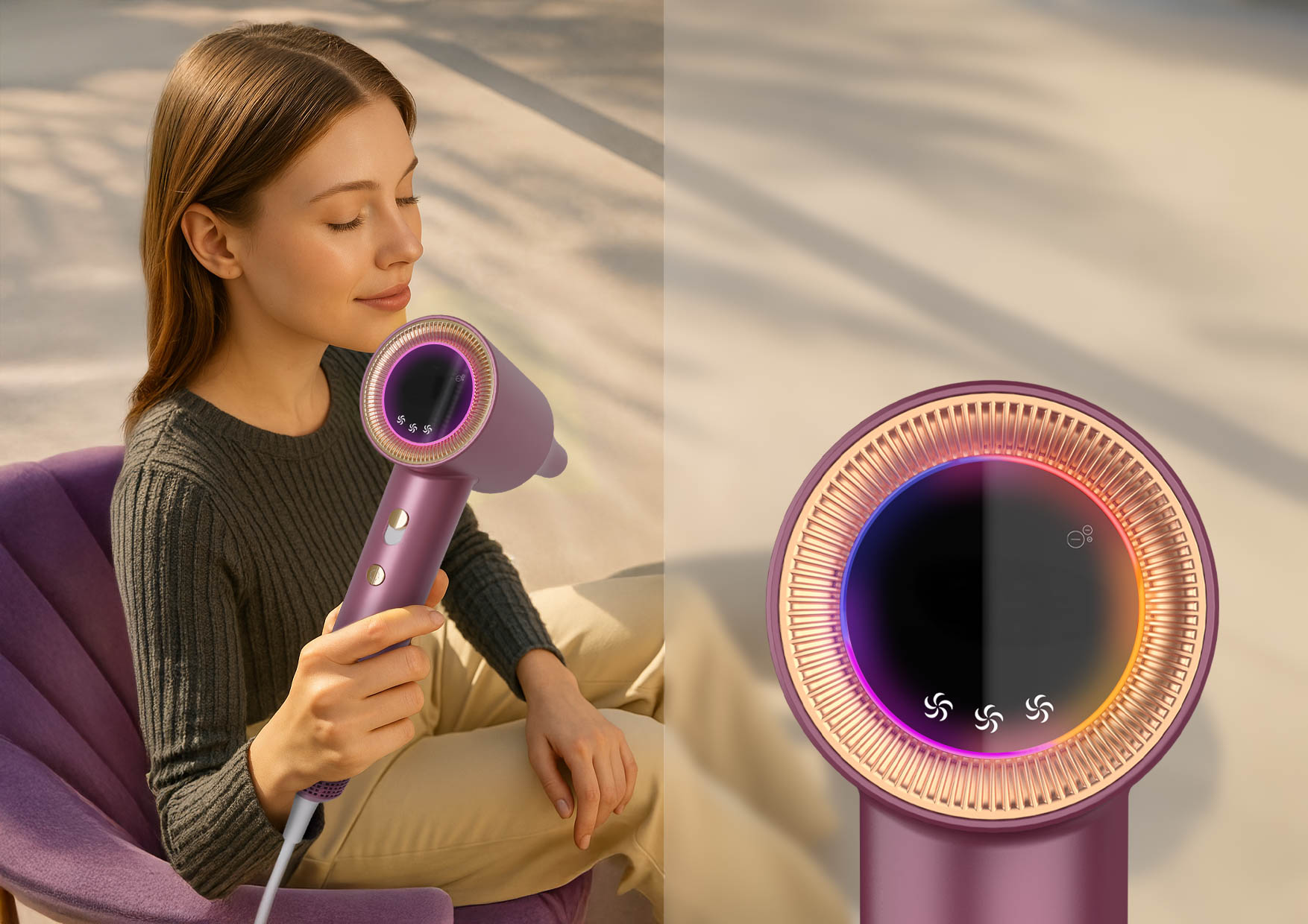 Kobieta suszy włosy na zewnątrz suszarką Neno Beauty Silvia w trybie zmiennej temperatury.